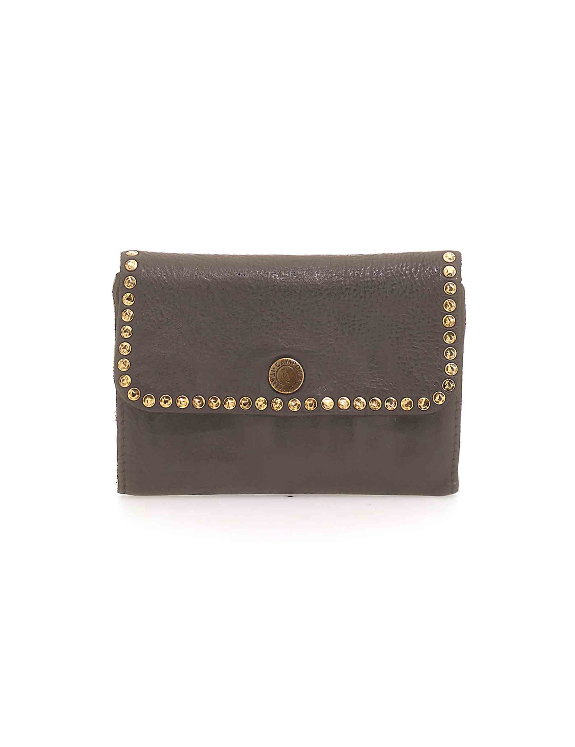 Women's wallet in grey leather with gold studs