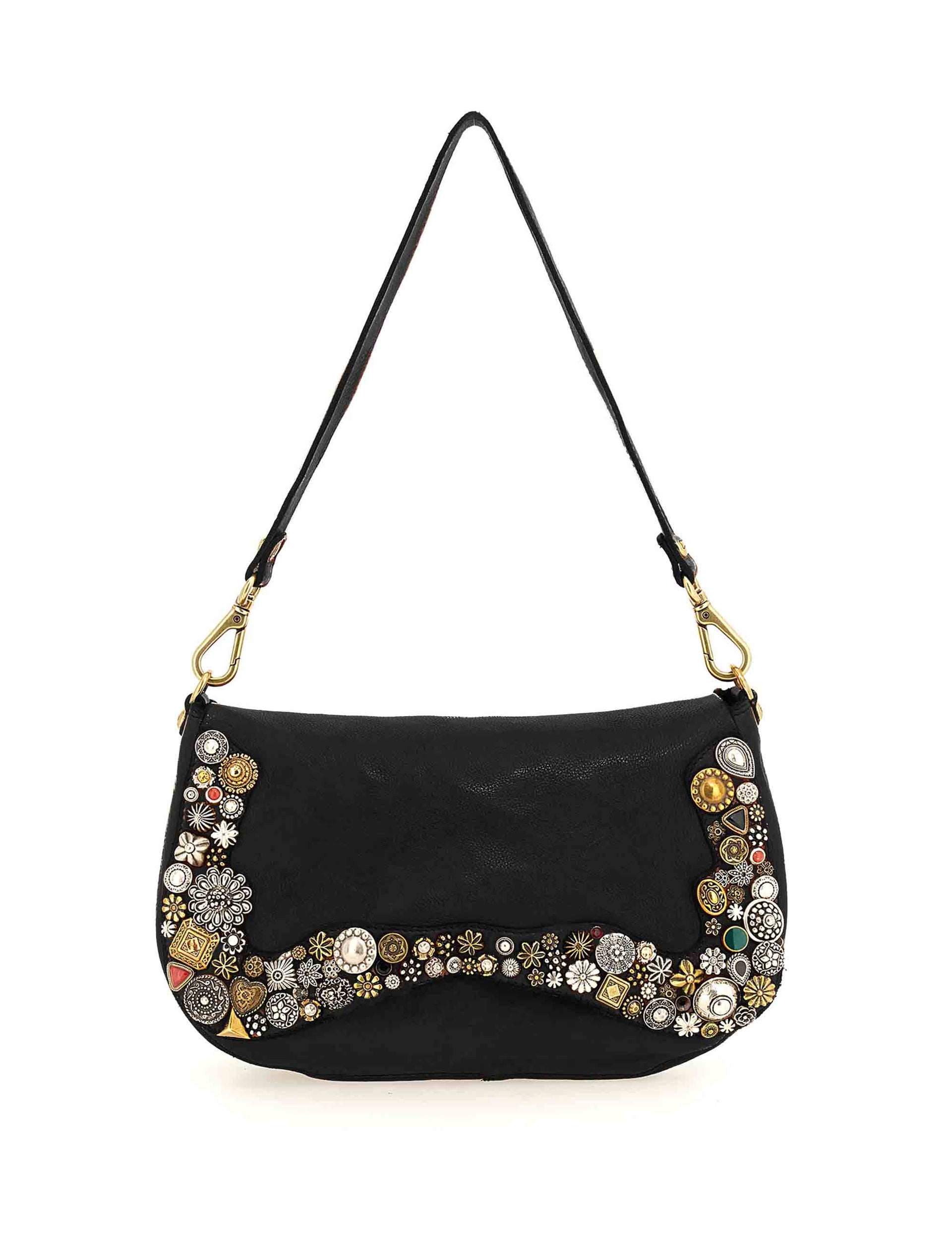 Women's black leather shoulder bags with studs