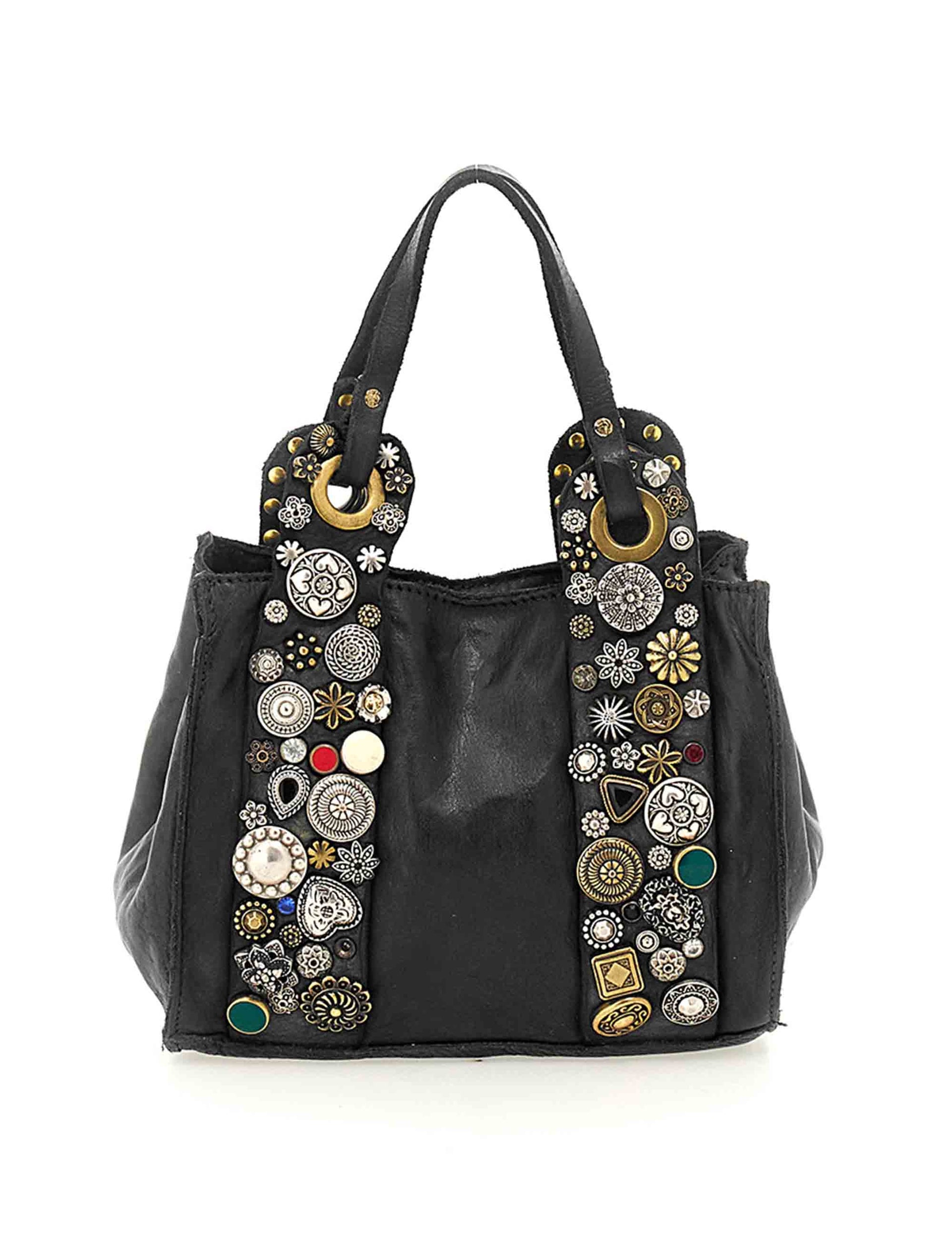 Women's black leather bags with studs and double handles