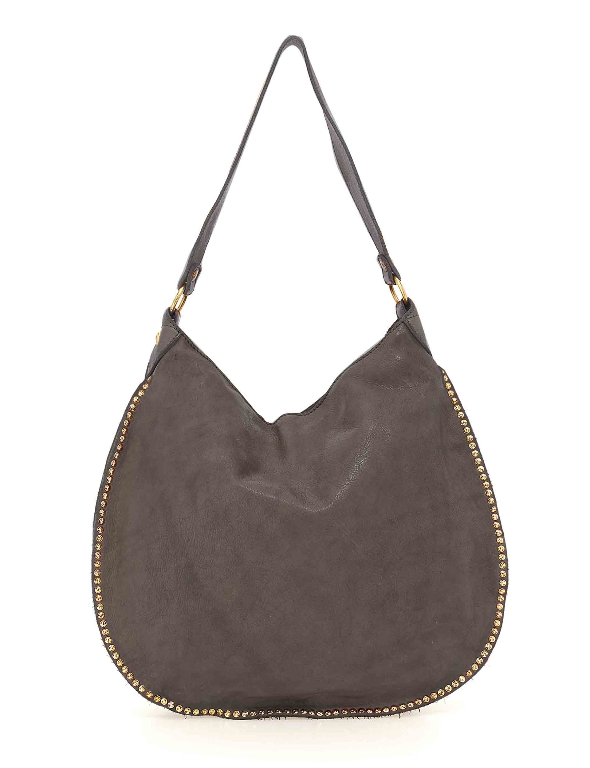 Women's shoulder bags in grey leather with studded profile