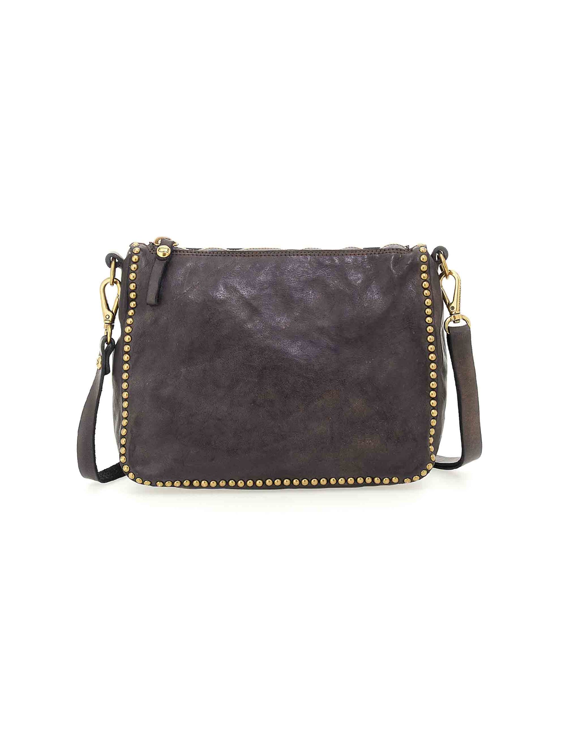 Women's shoulder bag in grey leather with gold studs