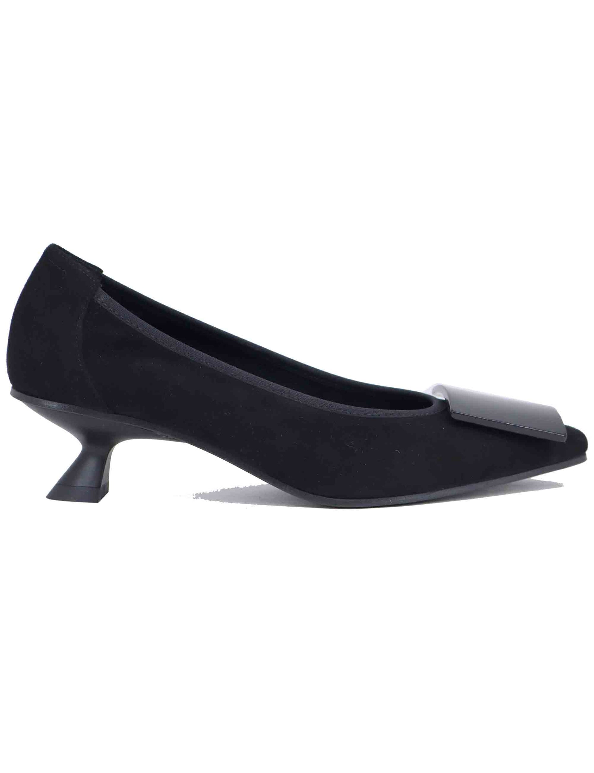 Women's black suede pumps with matching buckle