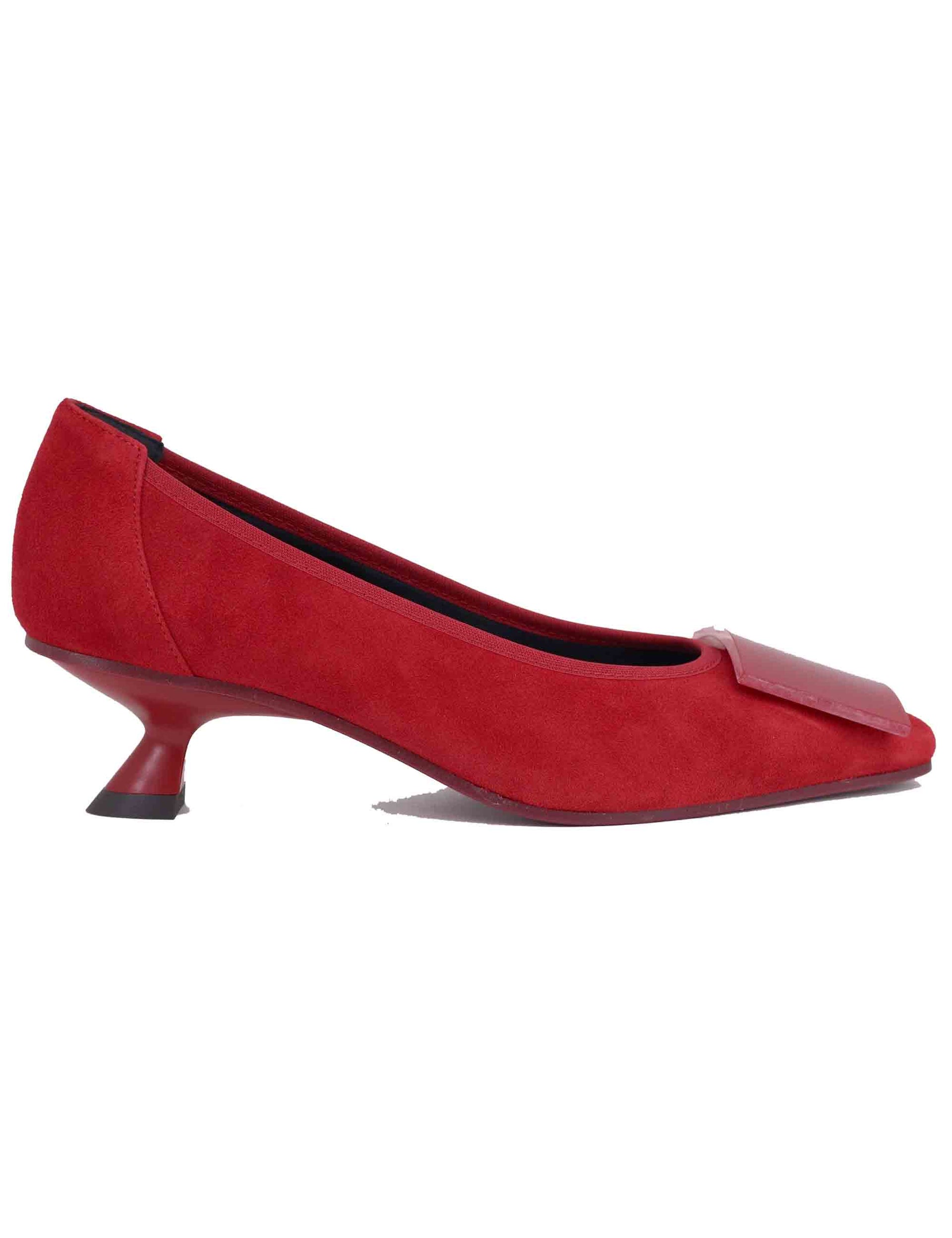 Women's red suede pumps with matching buckle