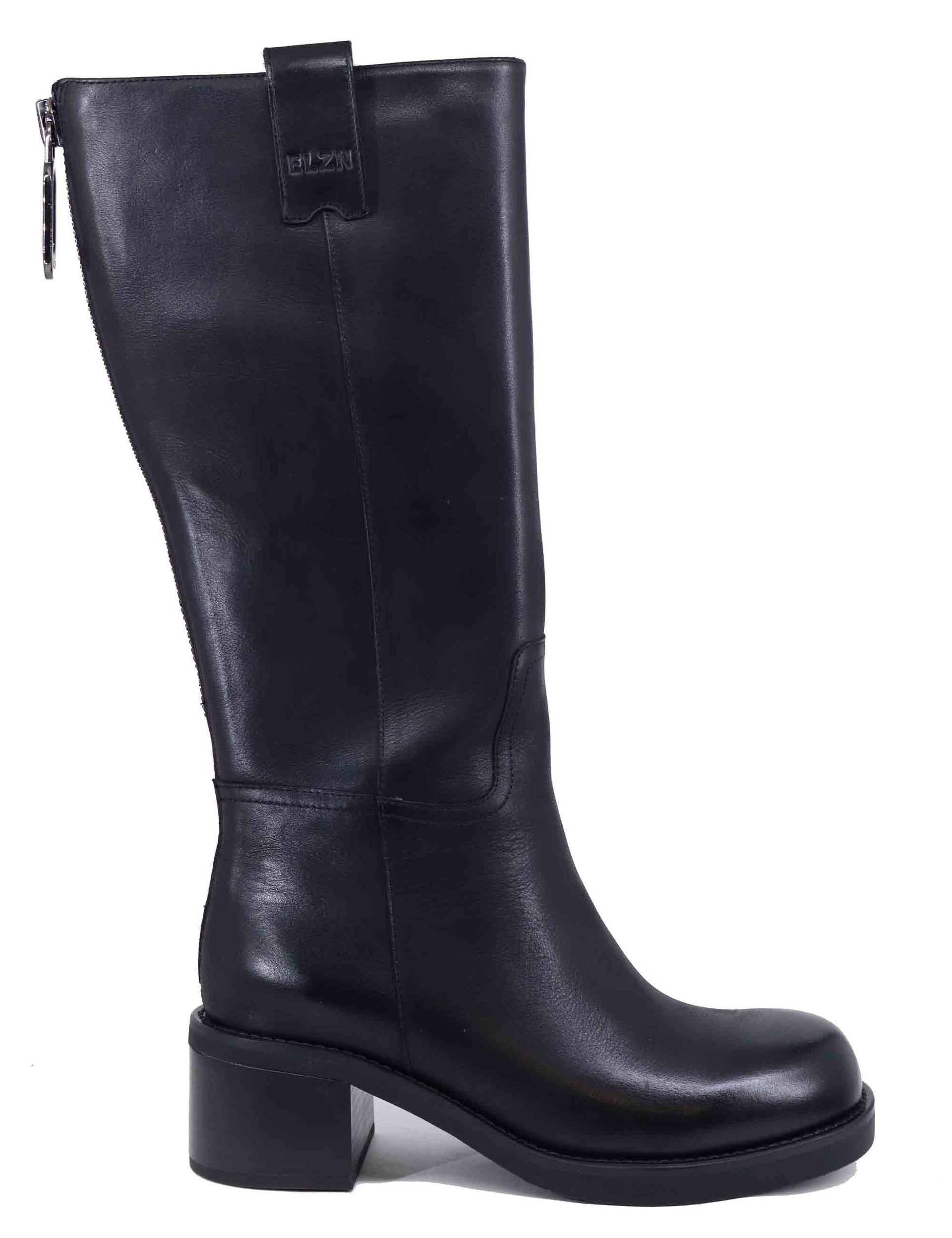 Women's black leather boots with back zip and low heel