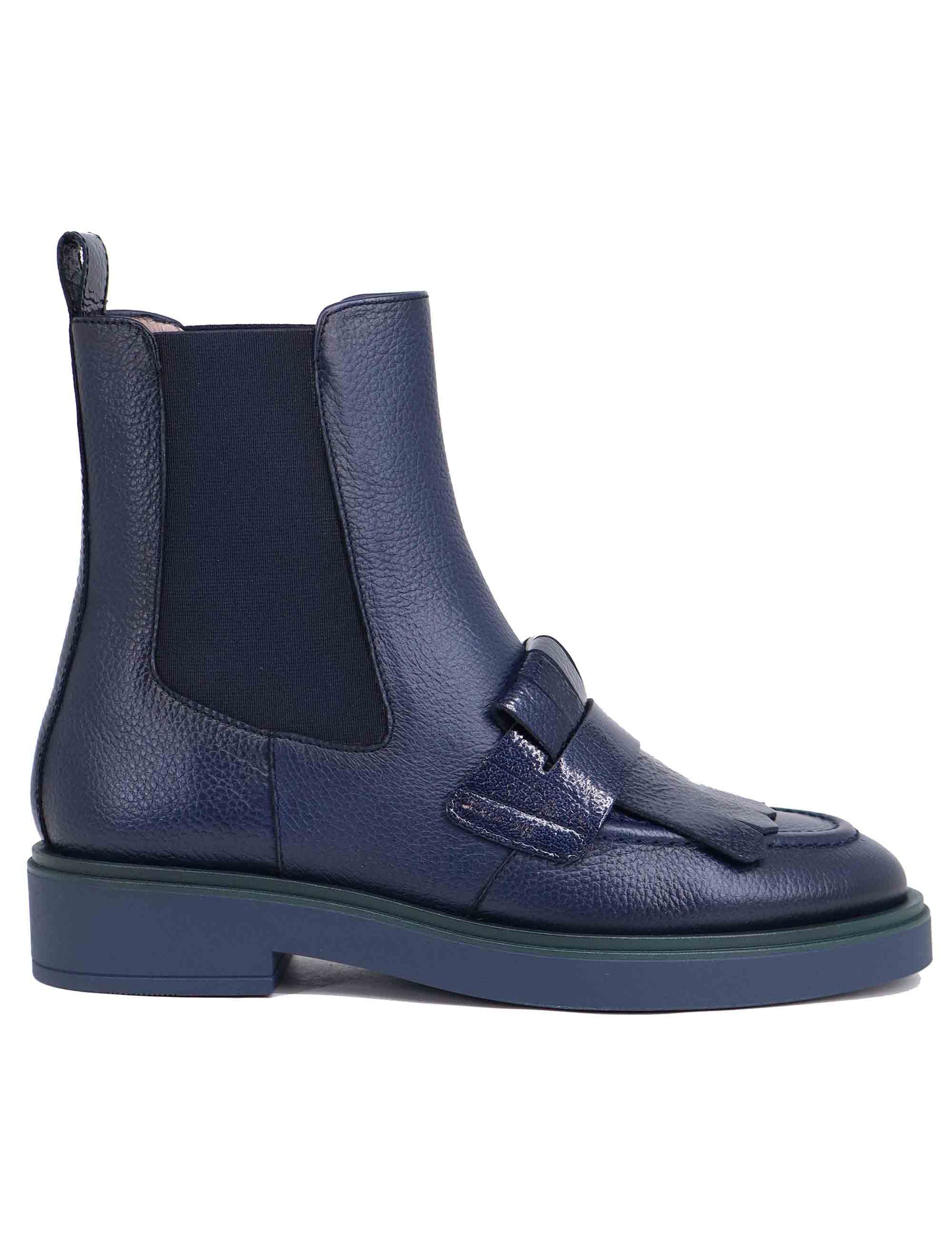 Women's blue leather ankle boots with elastic and low heel