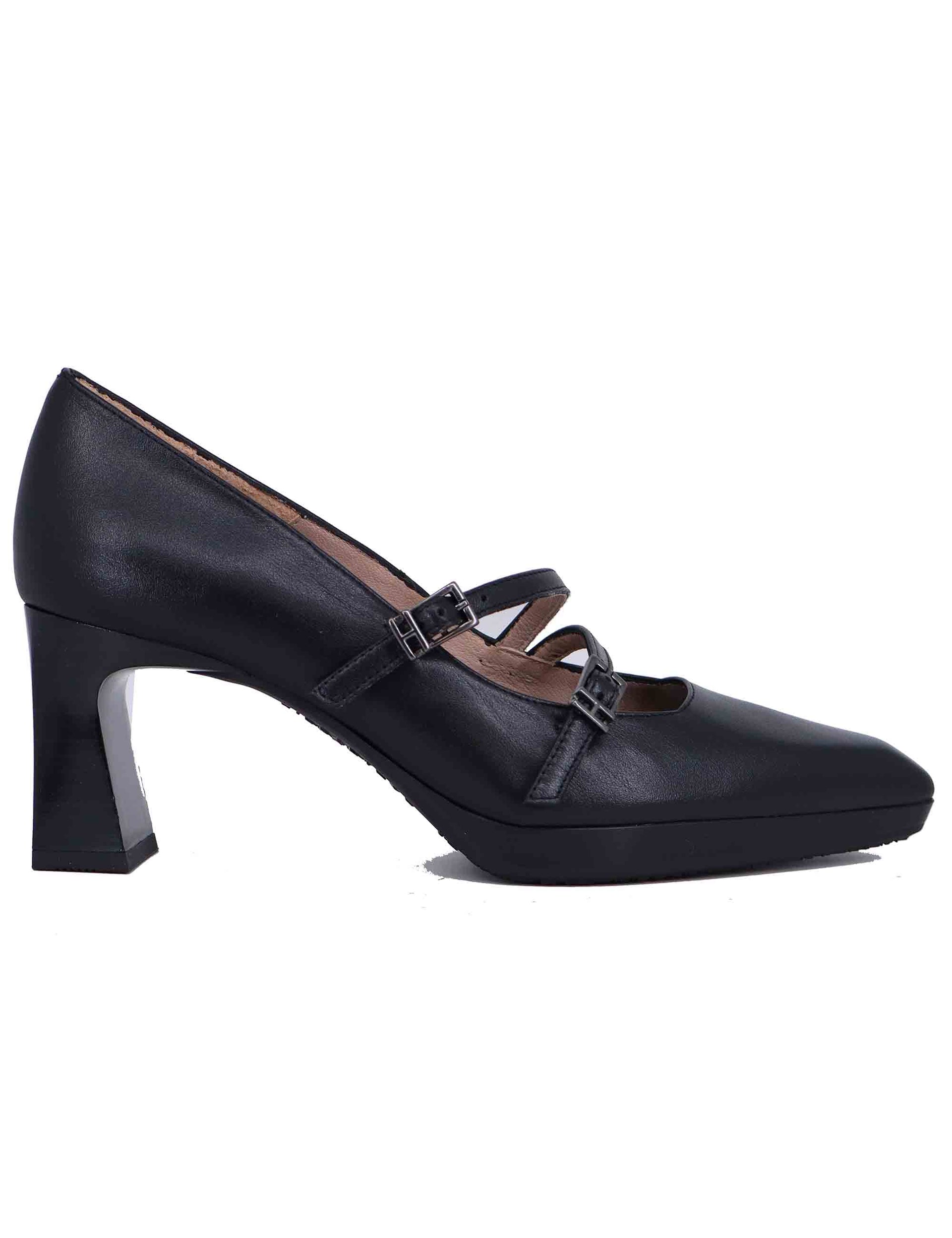 Women's black leather pumps with straps