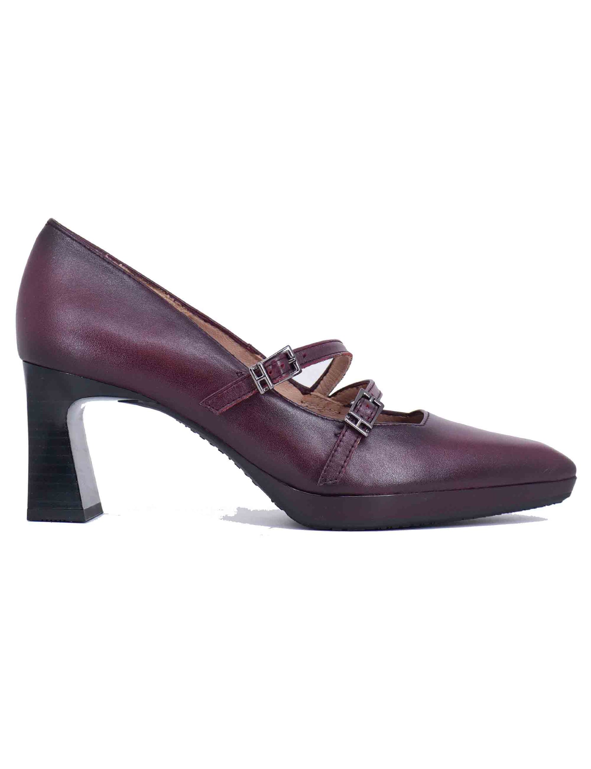 Decollete donna in pelle bordeaux con cinturini