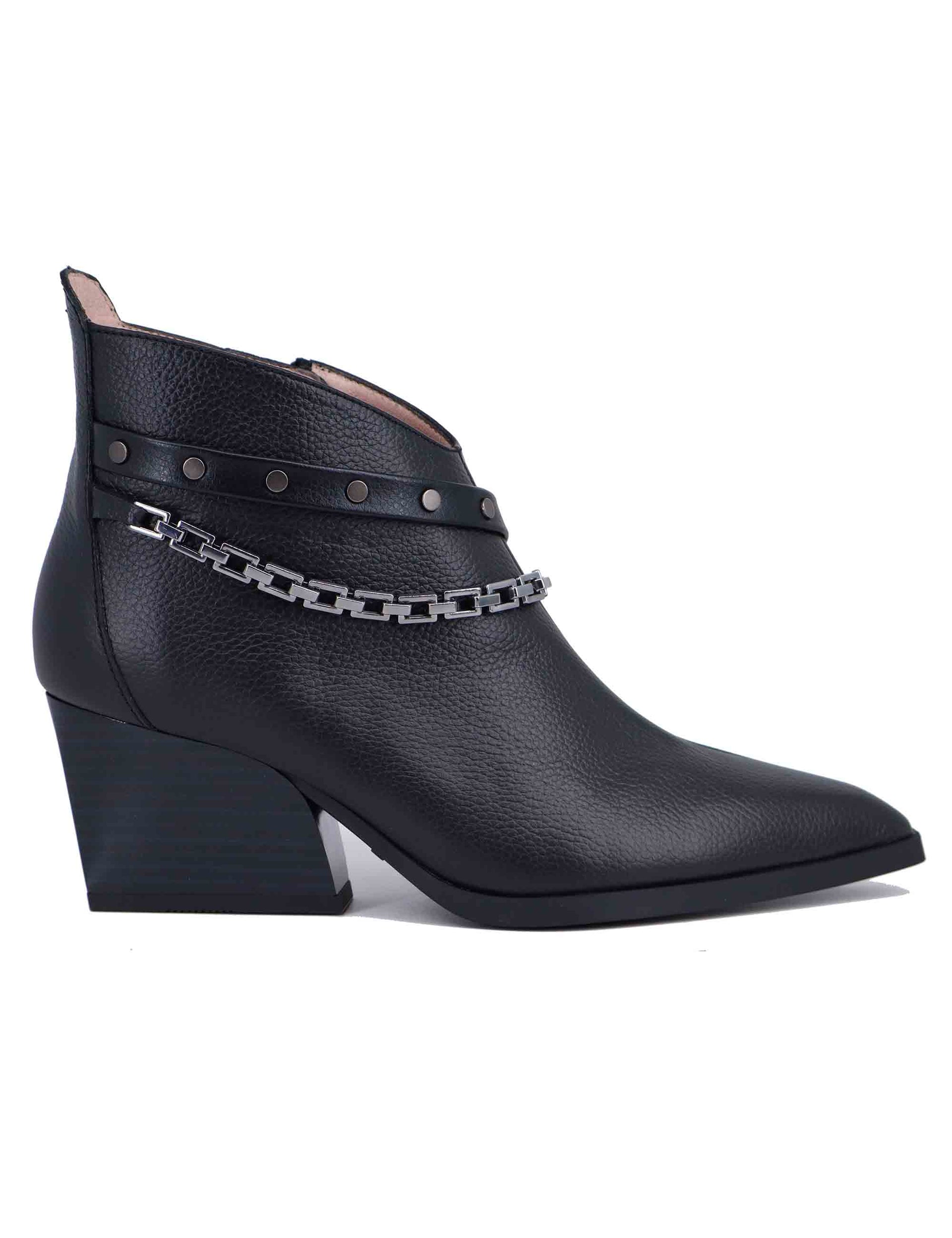 Women's Black Leather Texan Ankle Boots with Chains