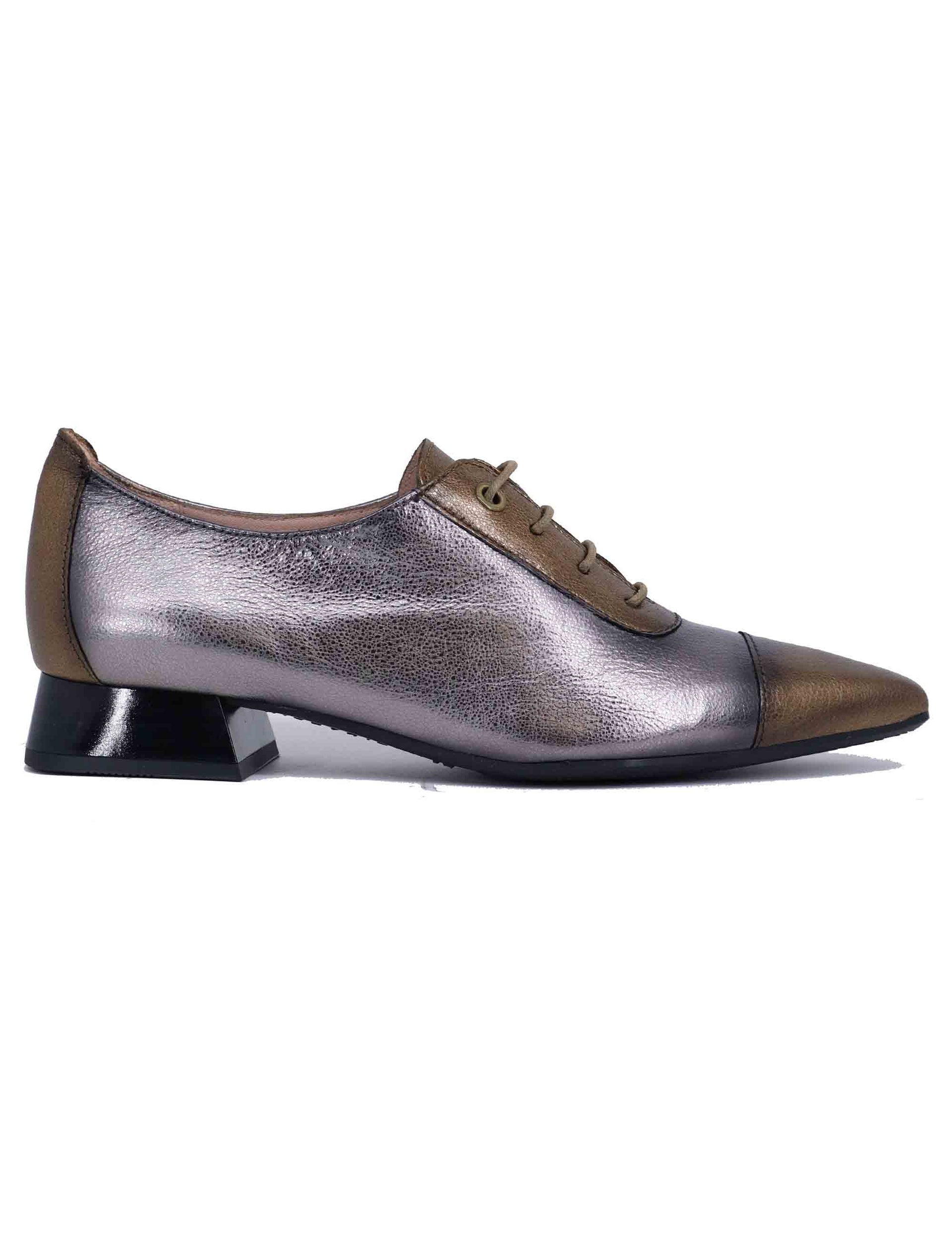 Women's lace-ups in silver and bronze leather with low heel