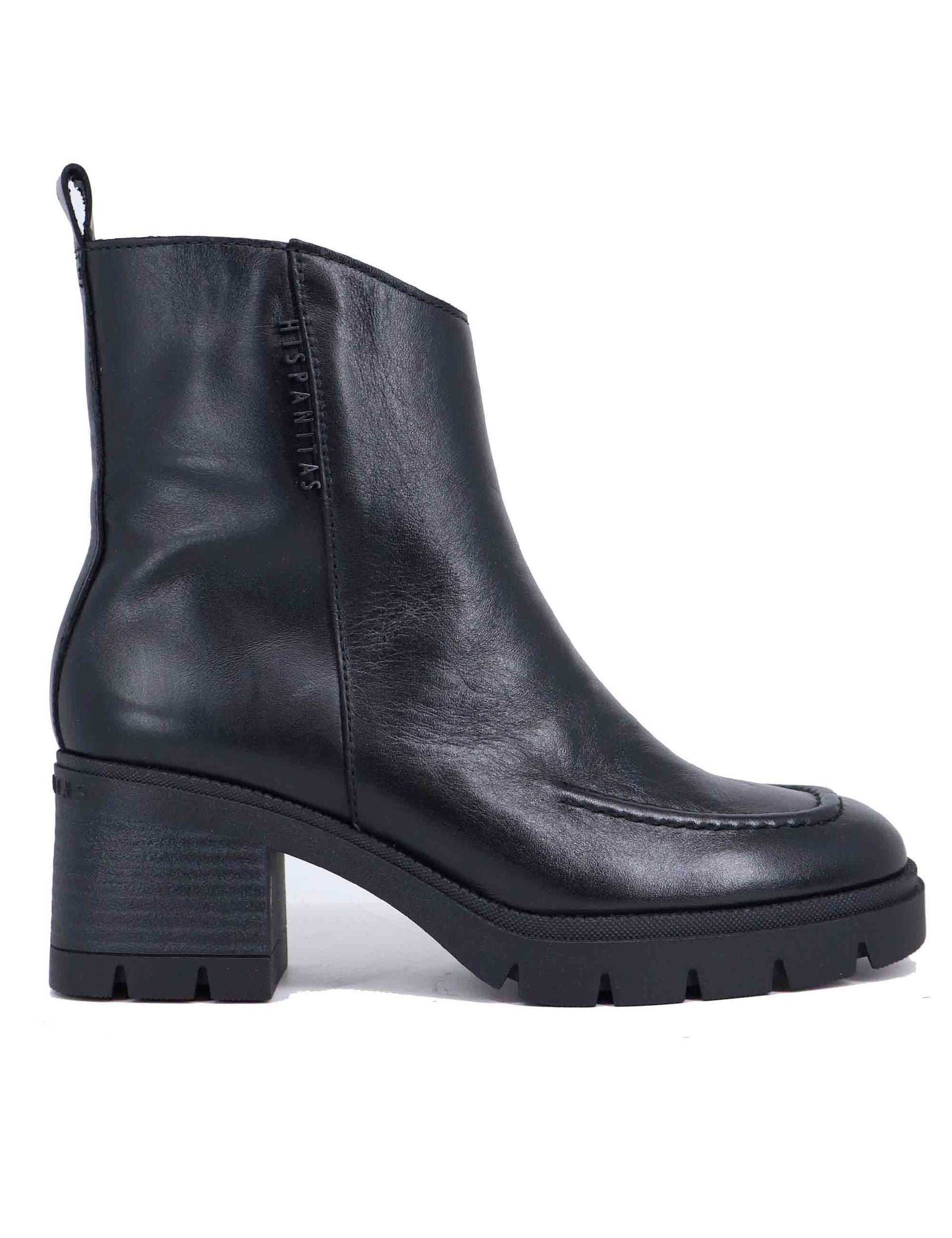 Women's black leather ankle boots with lug sole