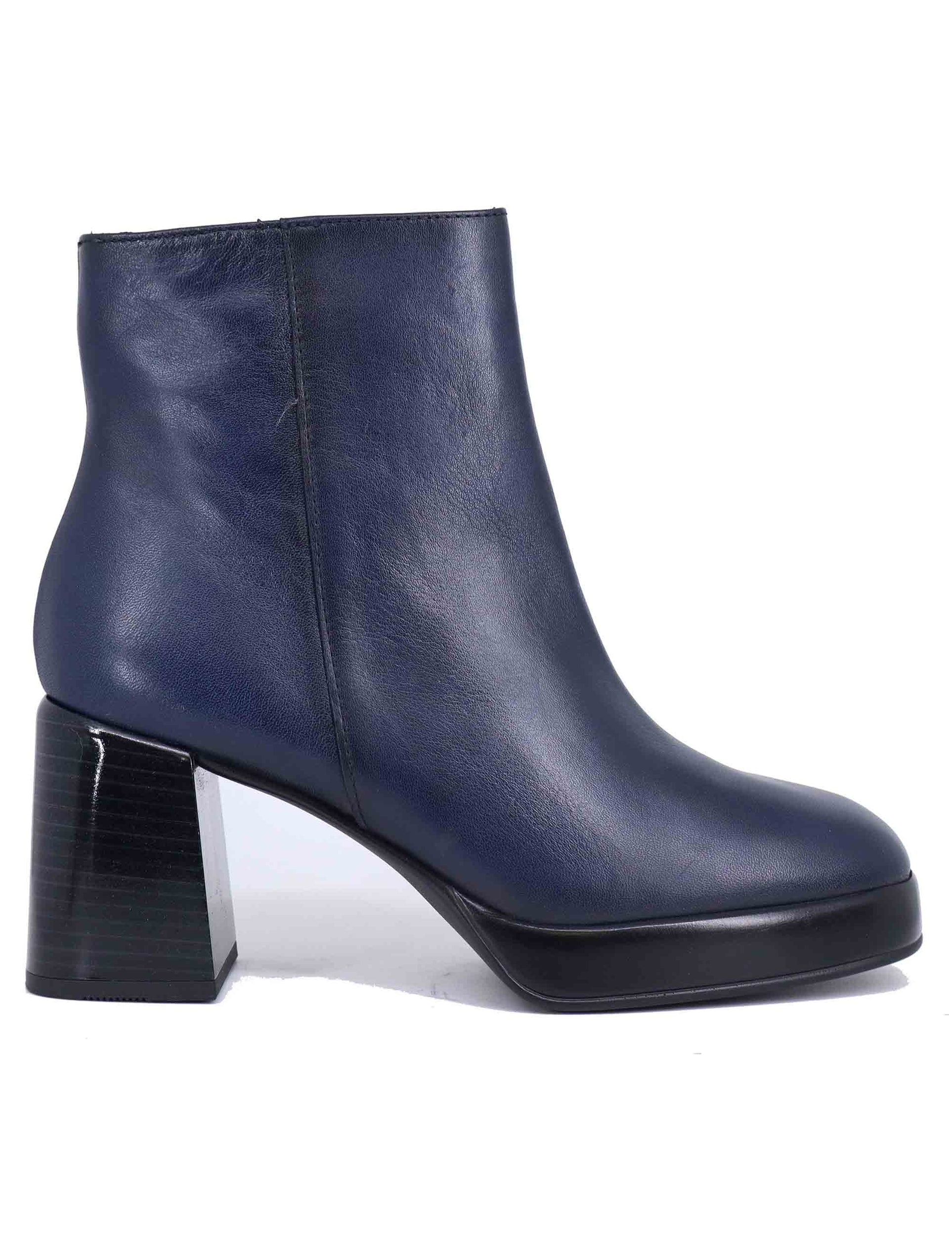 Women's blue leather high heel ankle boots