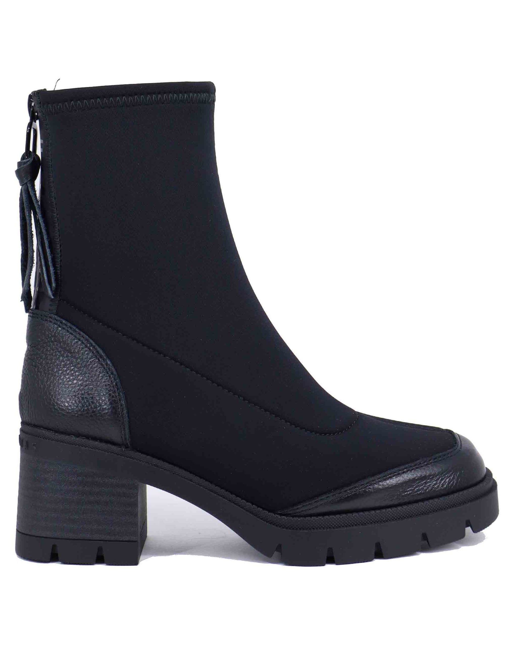 Women's ankle boots in black fabric and leather with rubber sole