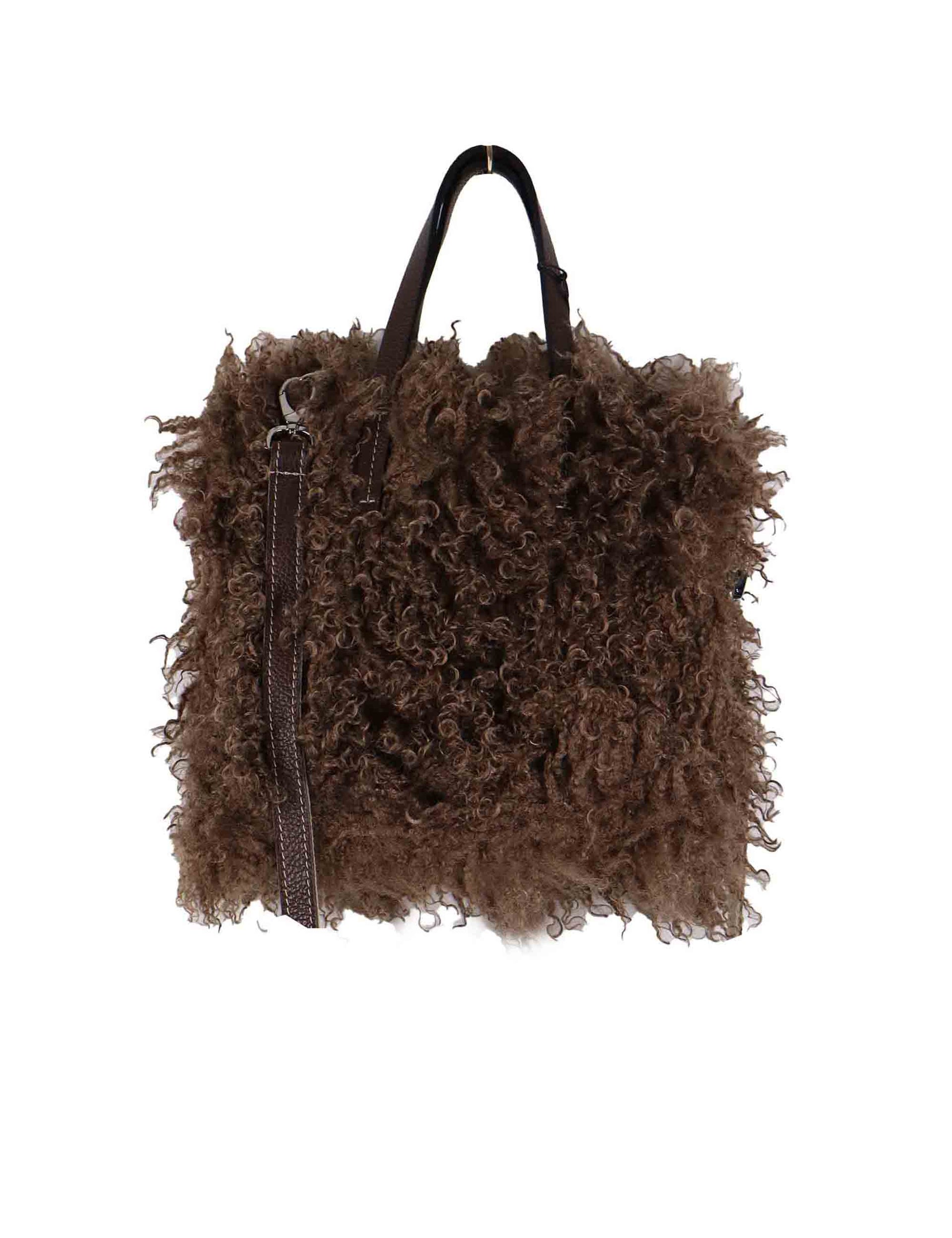 Tote bag donna in tessuto sherling marrone con manici e tracolla