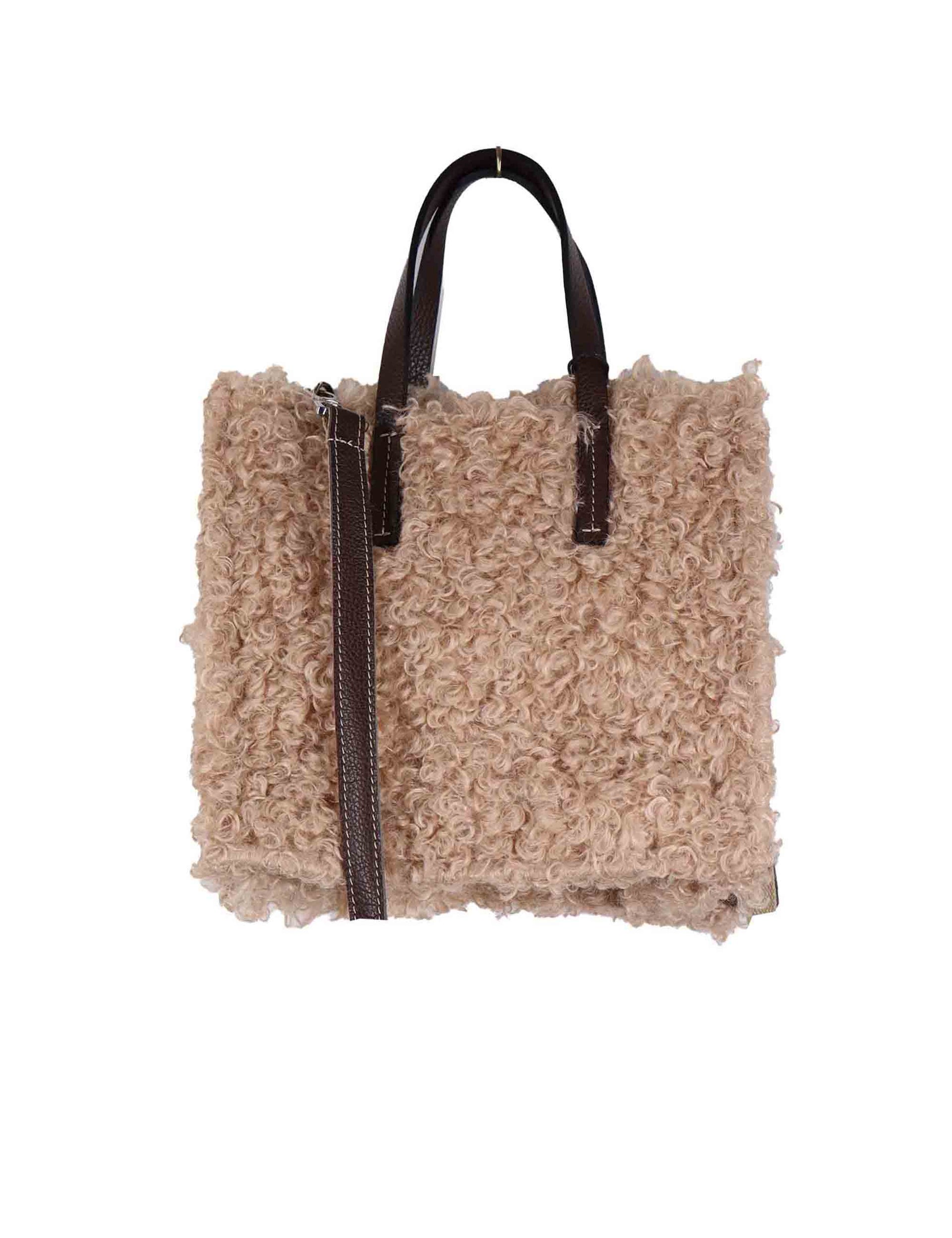 Tote bag donna in tessuto sherling beige con manici e tracolla