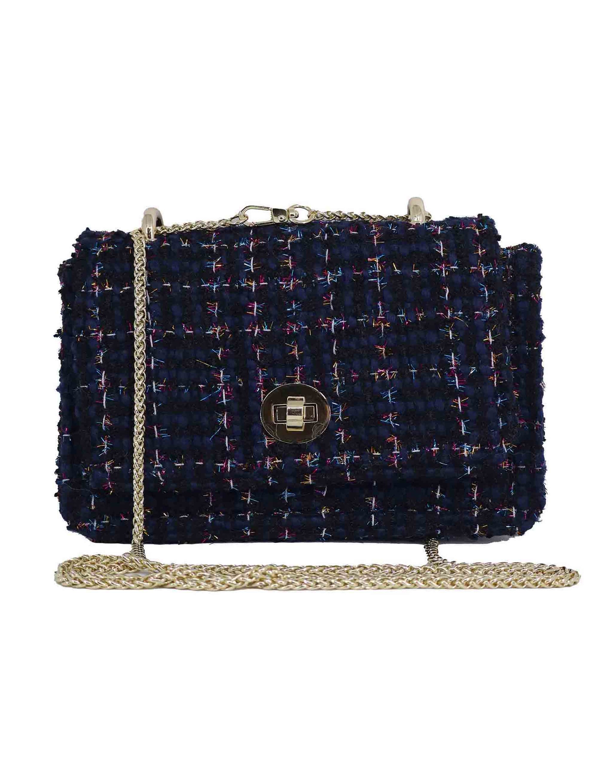 Women's blue wool clutch bags with removable gold shoulder strap