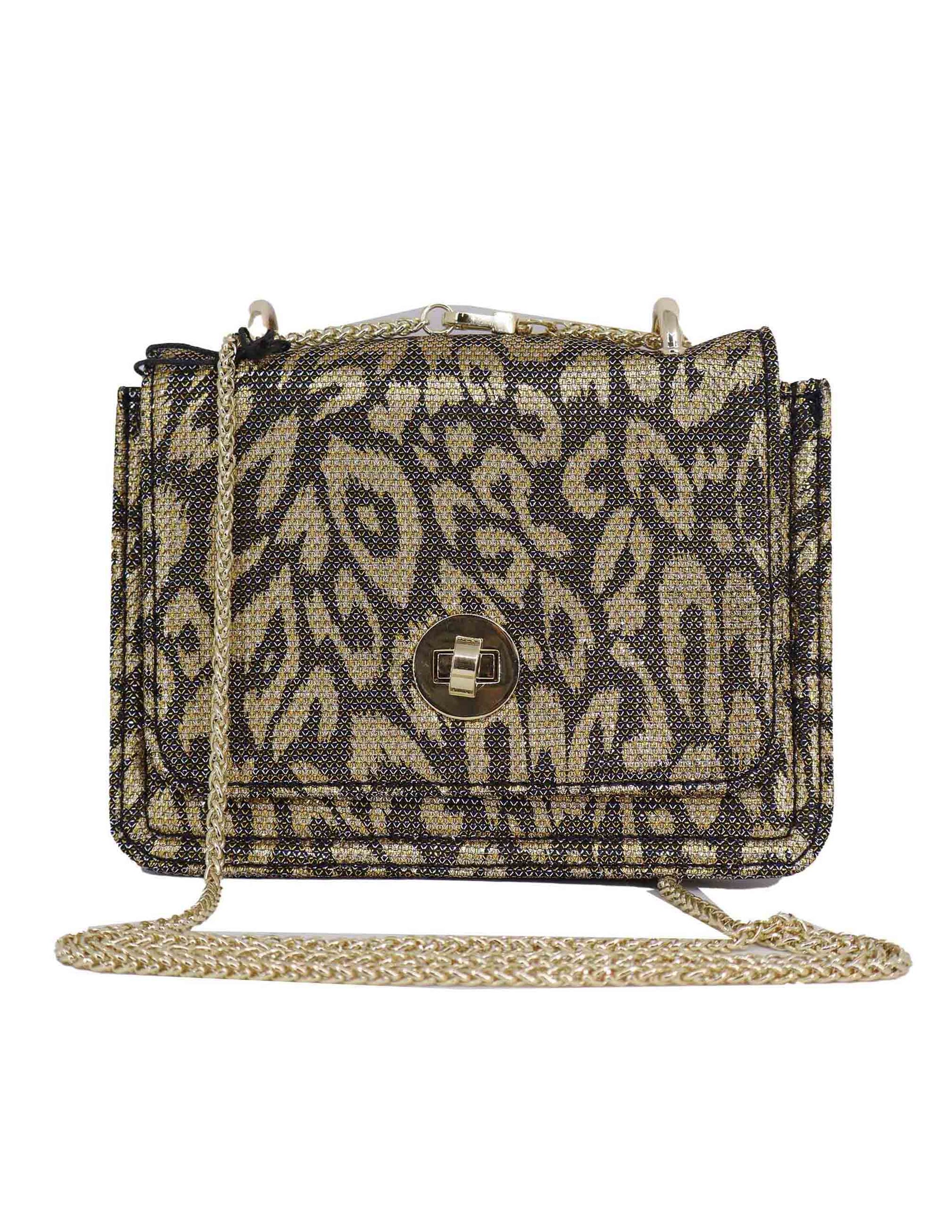 Women's clutch bags in gold fabric with removable gold shoulder strap