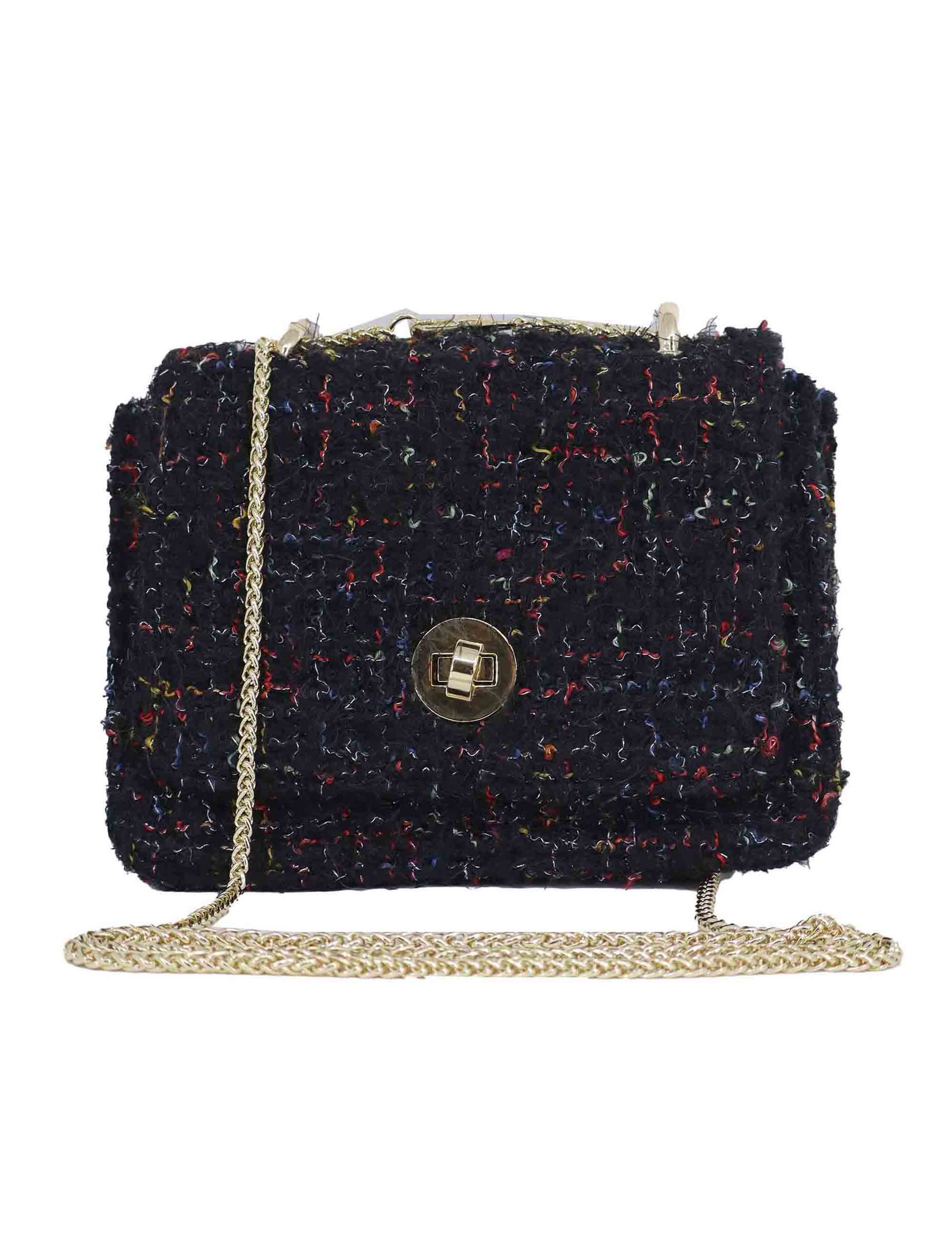 Women's black wool clutch bags with removable gold shoulder strap