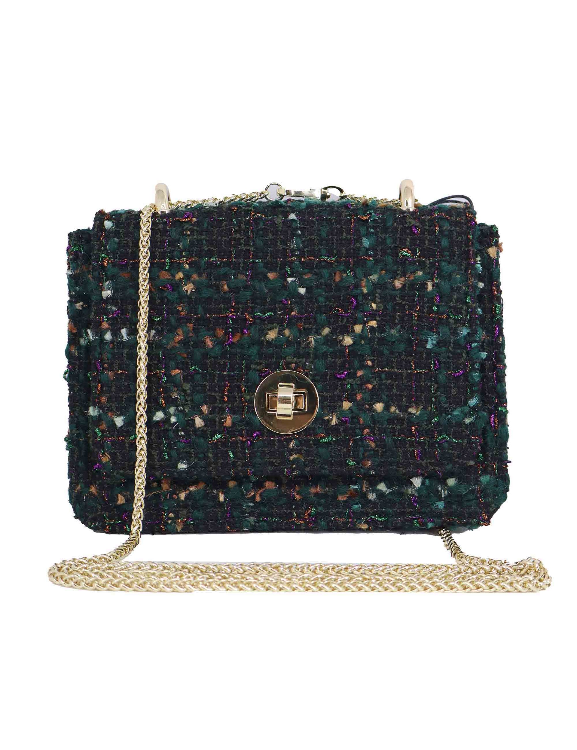 Women's green wool clutch bags with removable gold shoulder strap