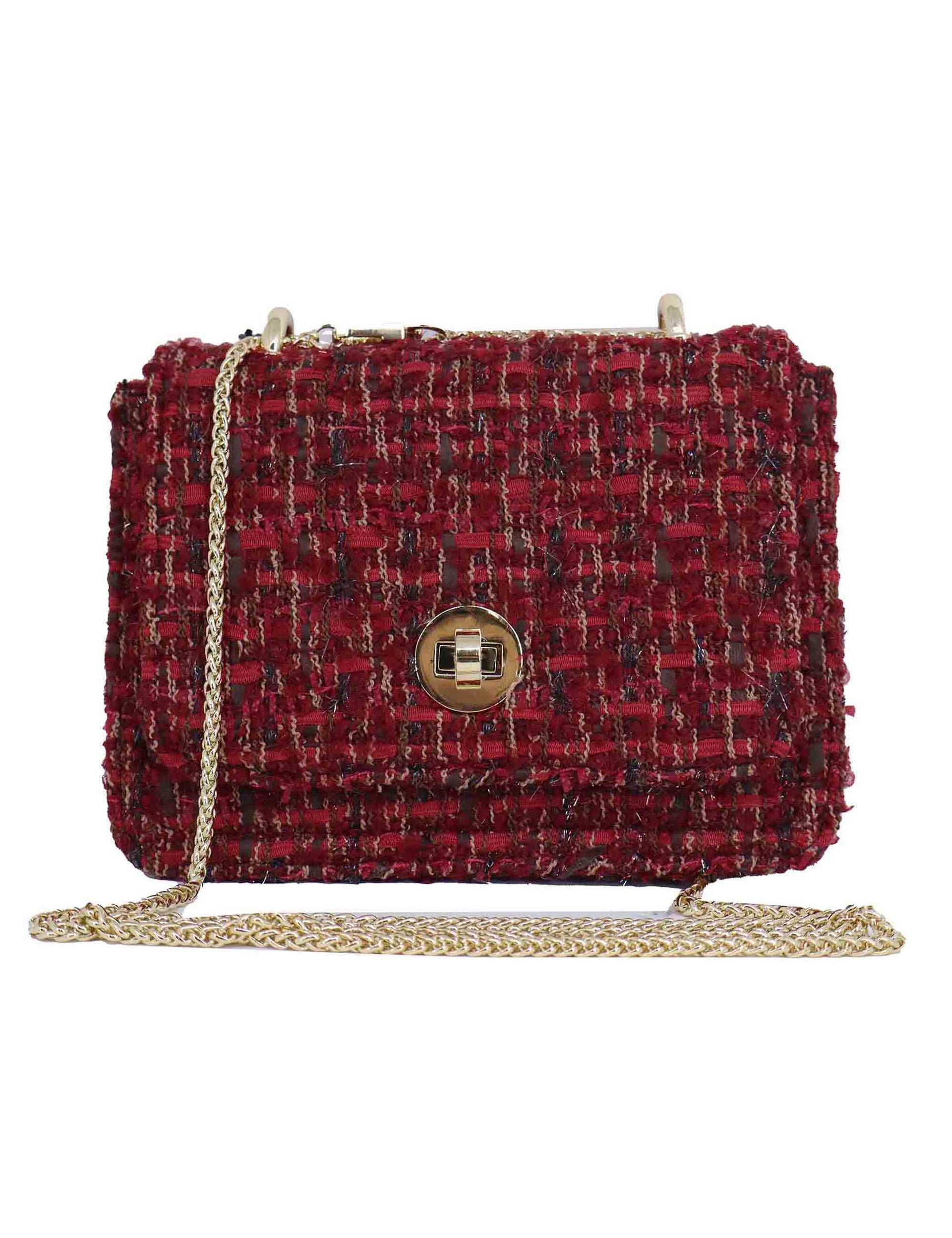 Women's red wool clutch bags with removable gold shoulder strap