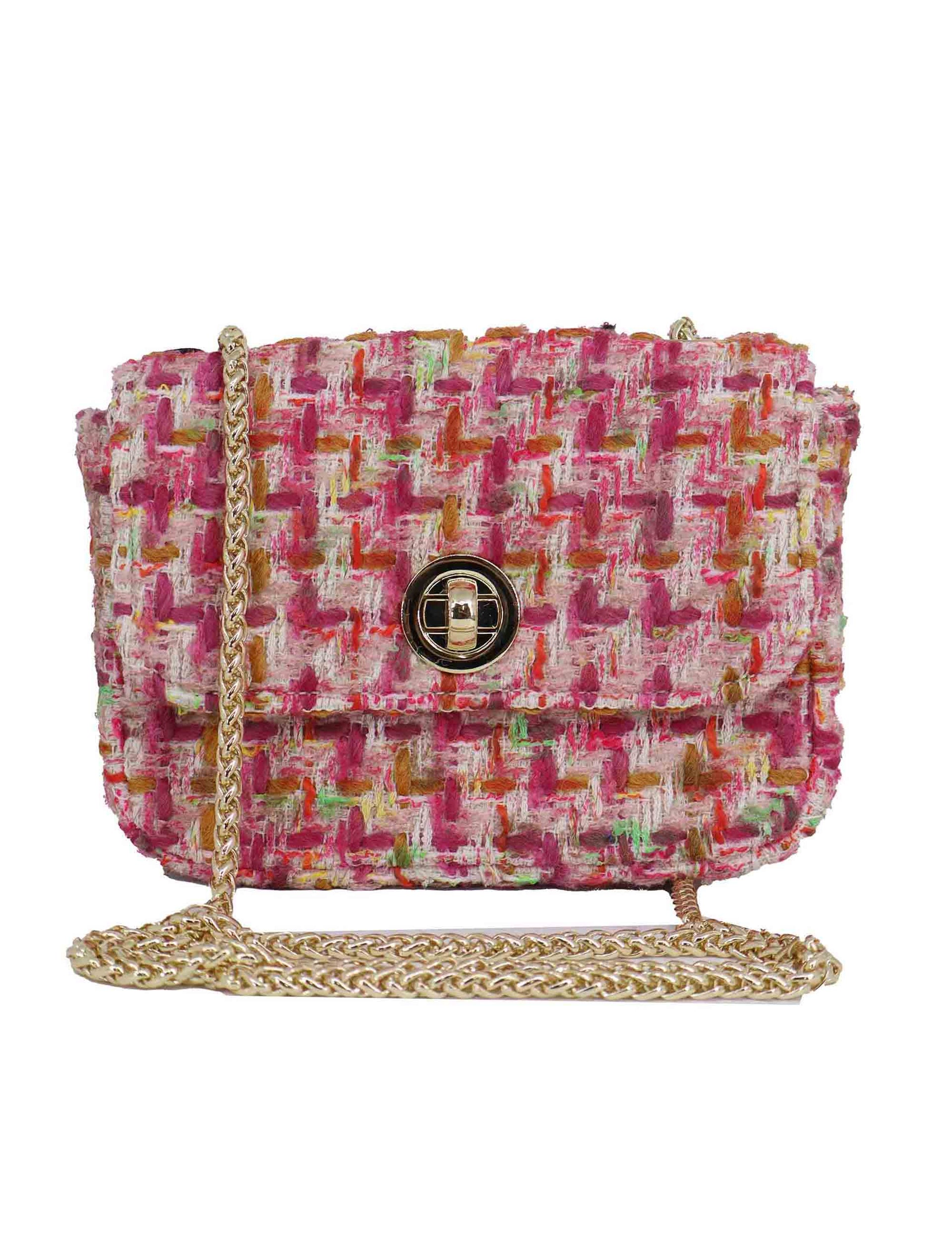 Women's pink fabric clutch bags with gold shoulder strap