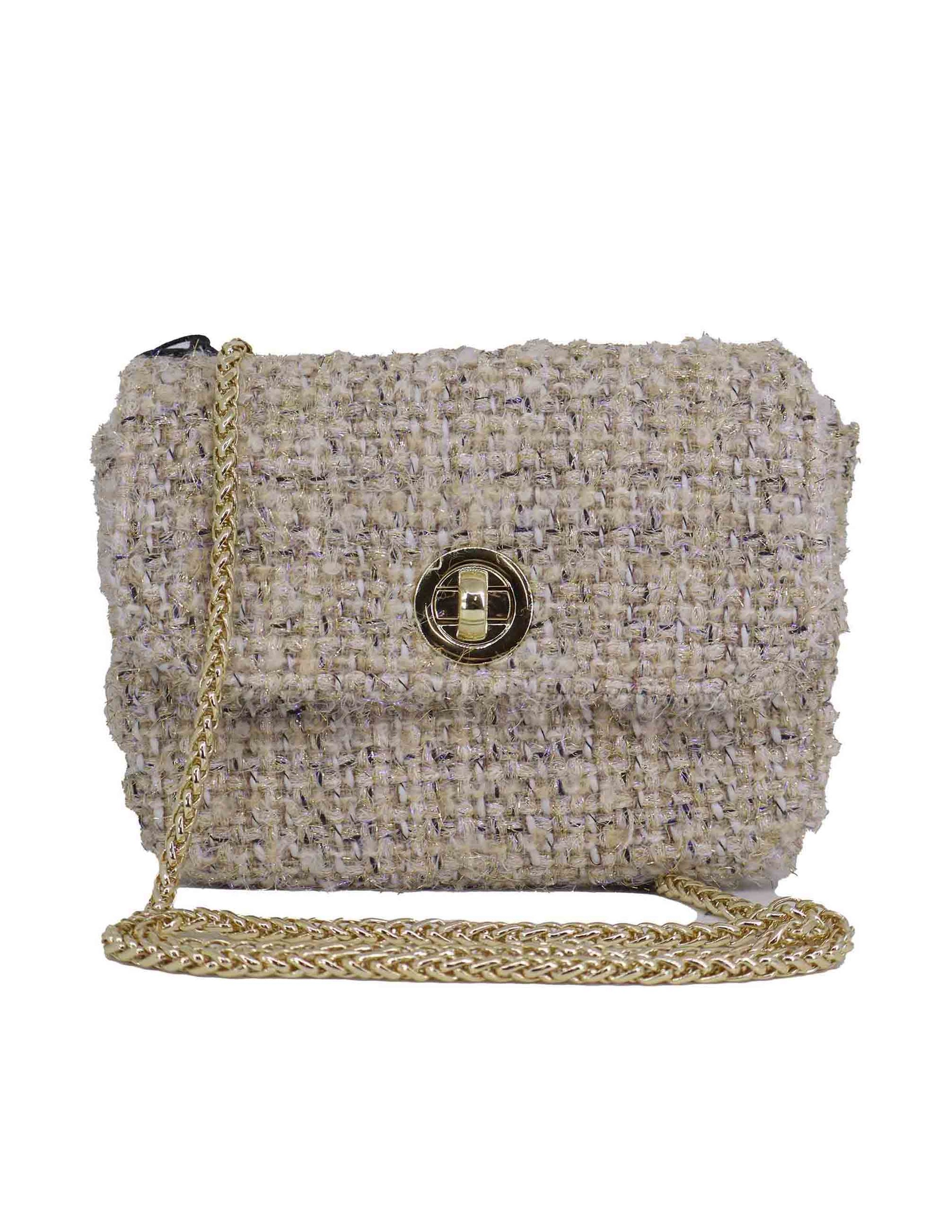 Women's beige fabric clutch bags with gold shoulder strap