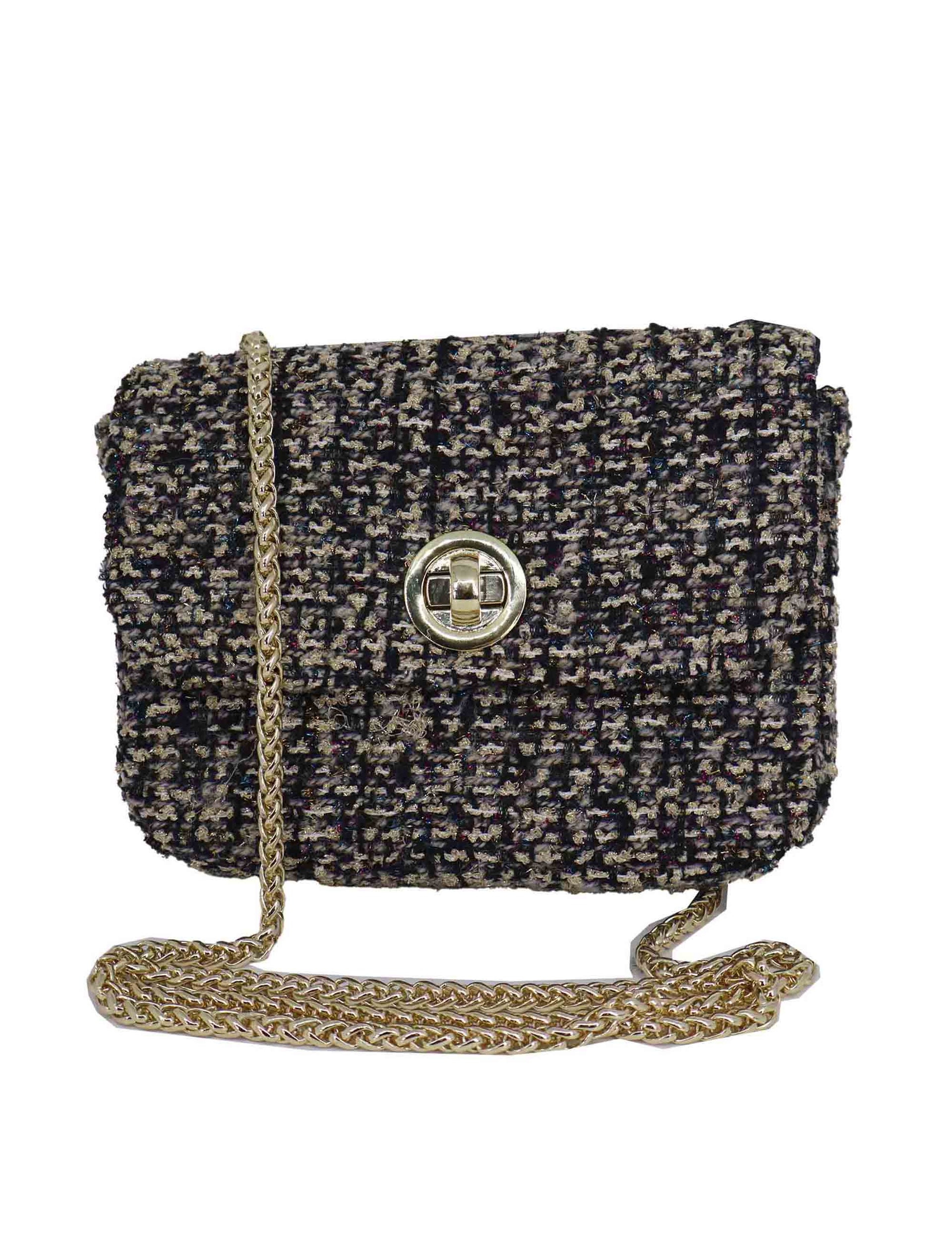 Borse pochette donna in tessuto nero con tracolla oro