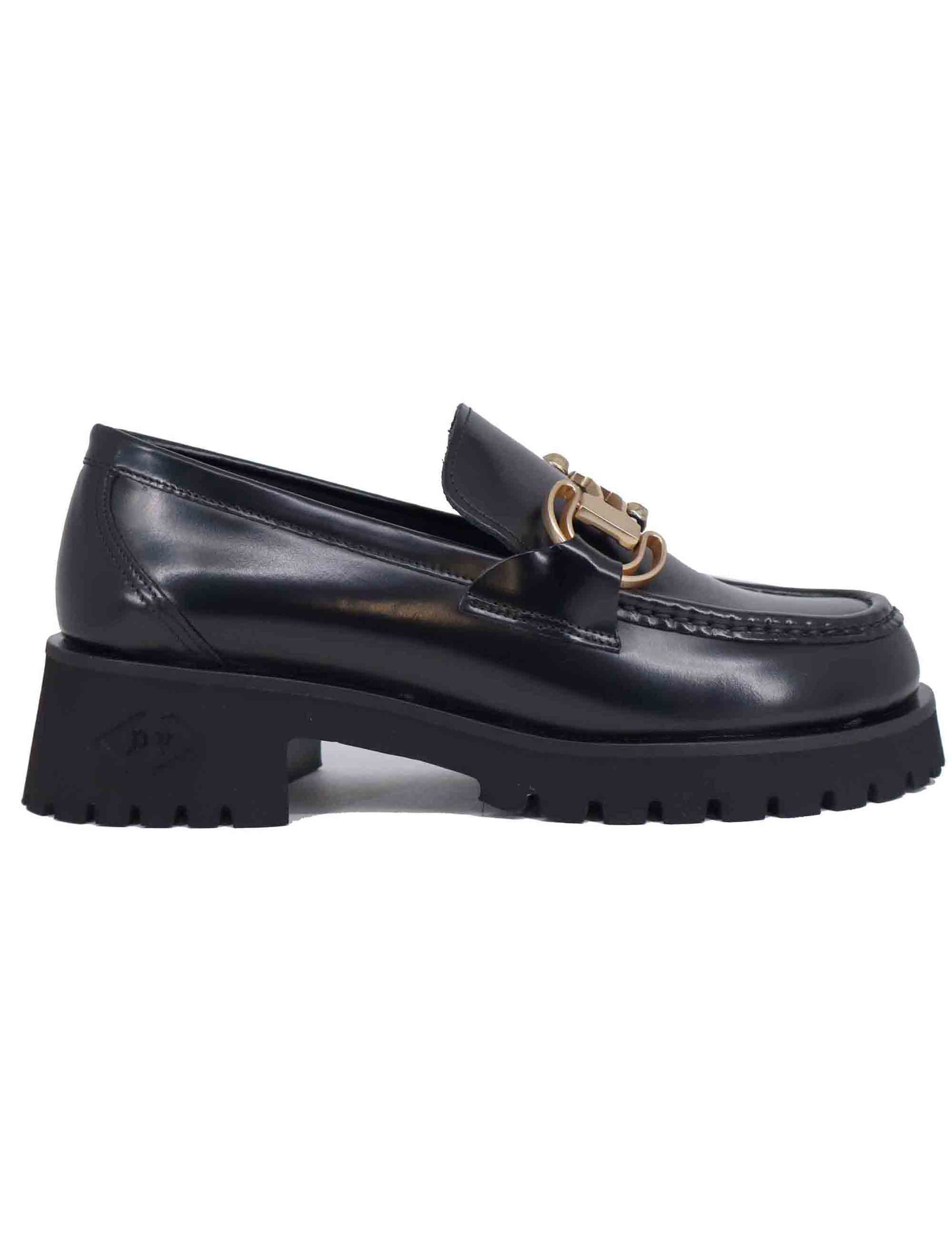 Women's black leather moccasins with clamp and lug sole