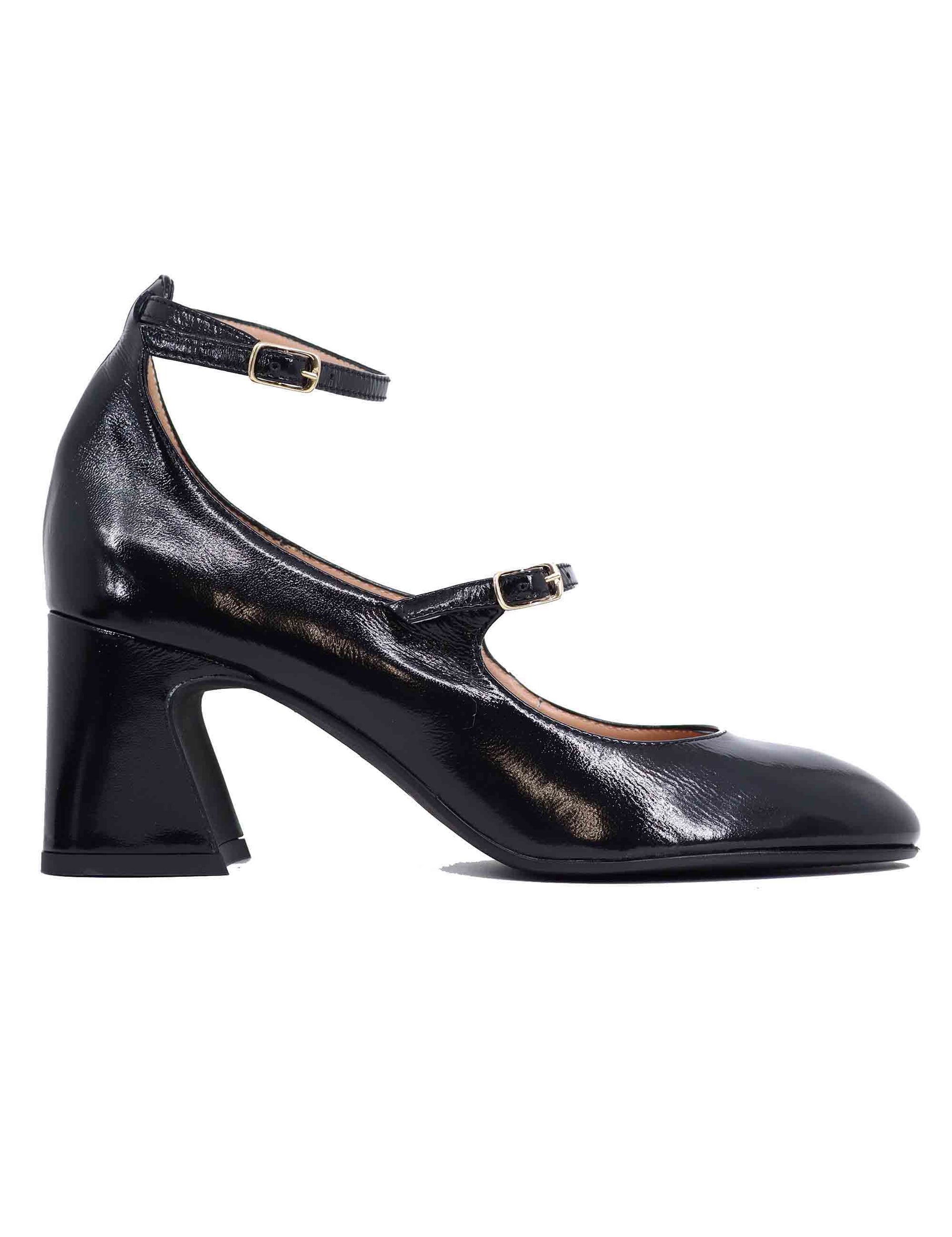 Women's black patent leather double strap pumps