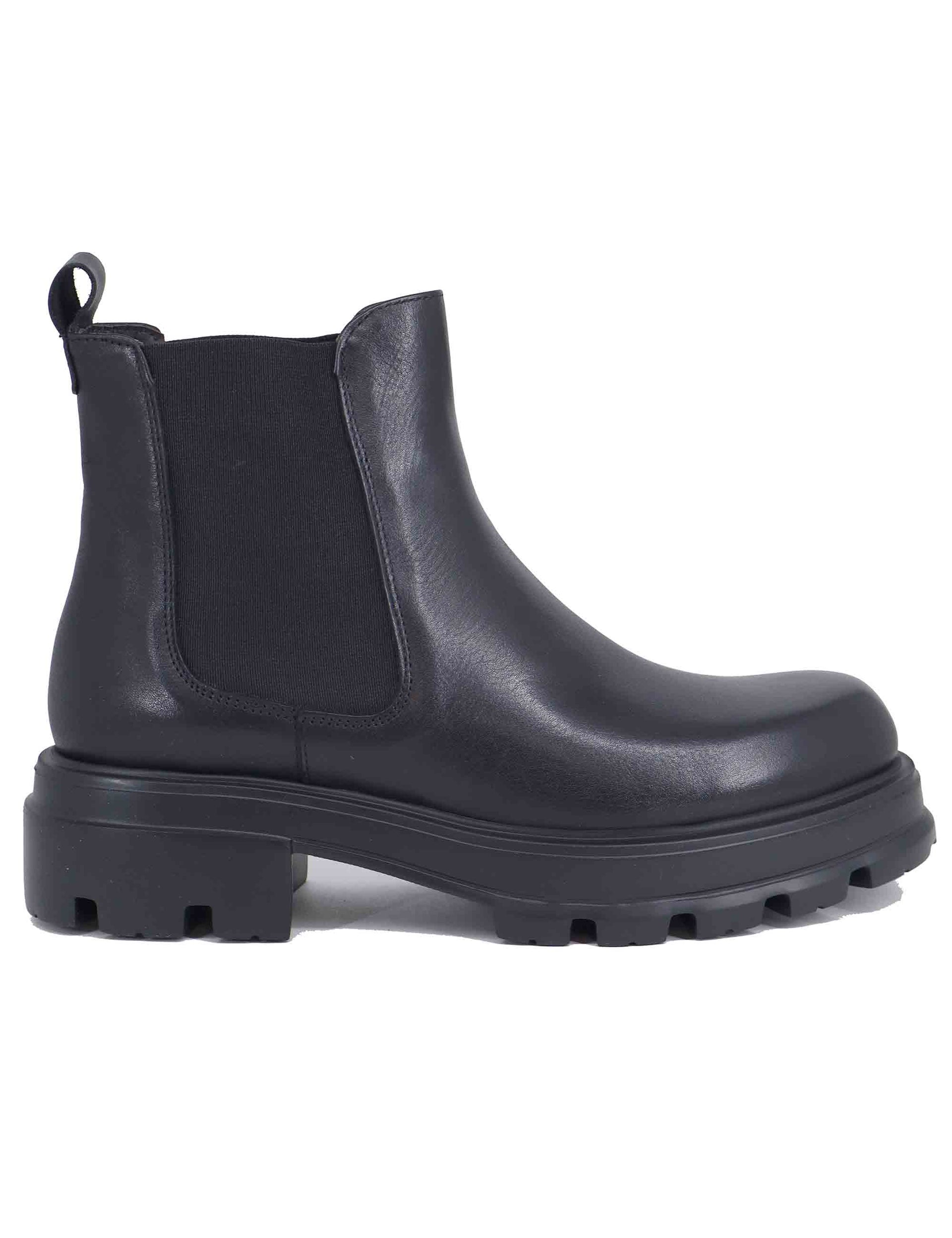 Women's black leather beatles ankle boots with rubber sole