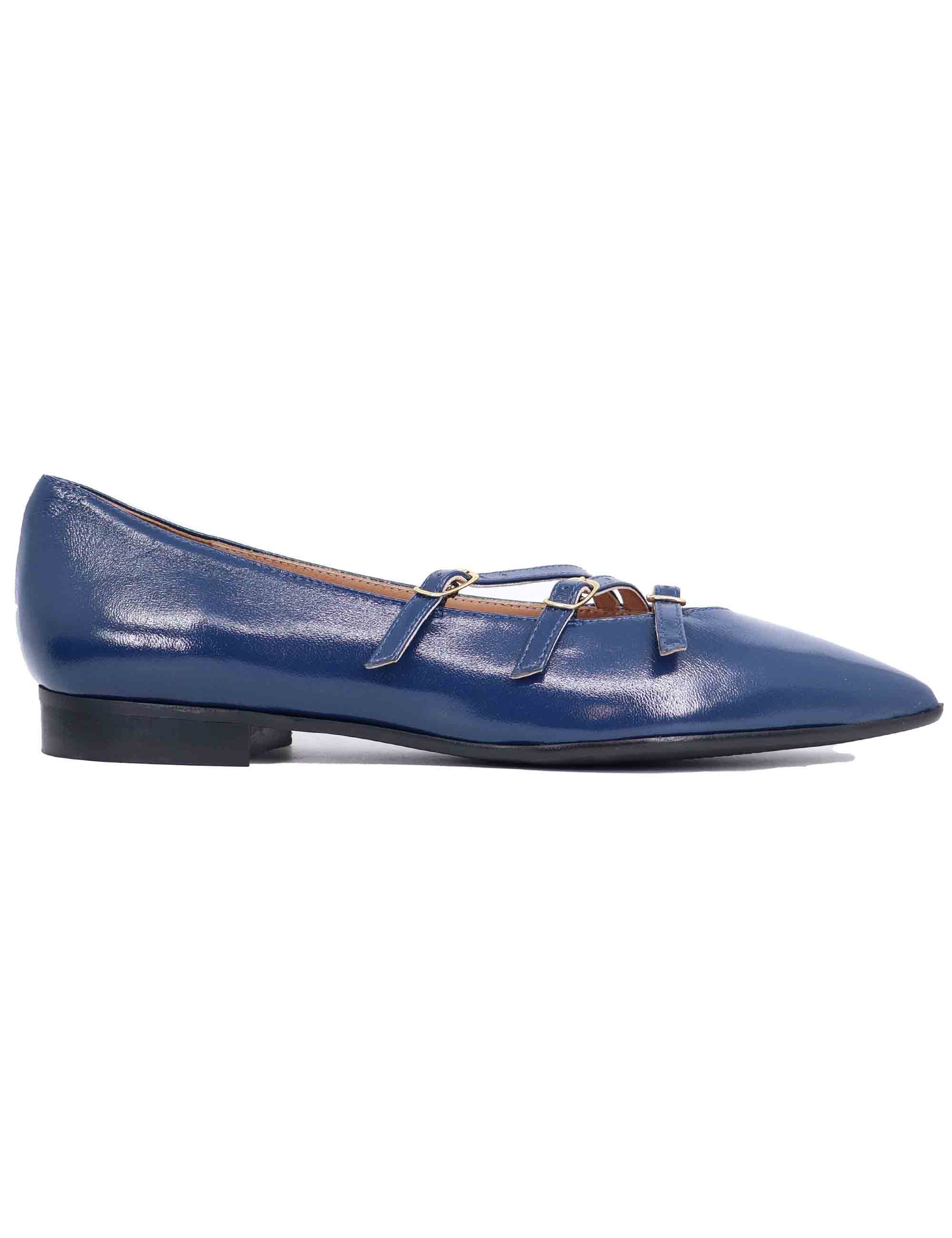 Women's blue leather ballerinas with double strap