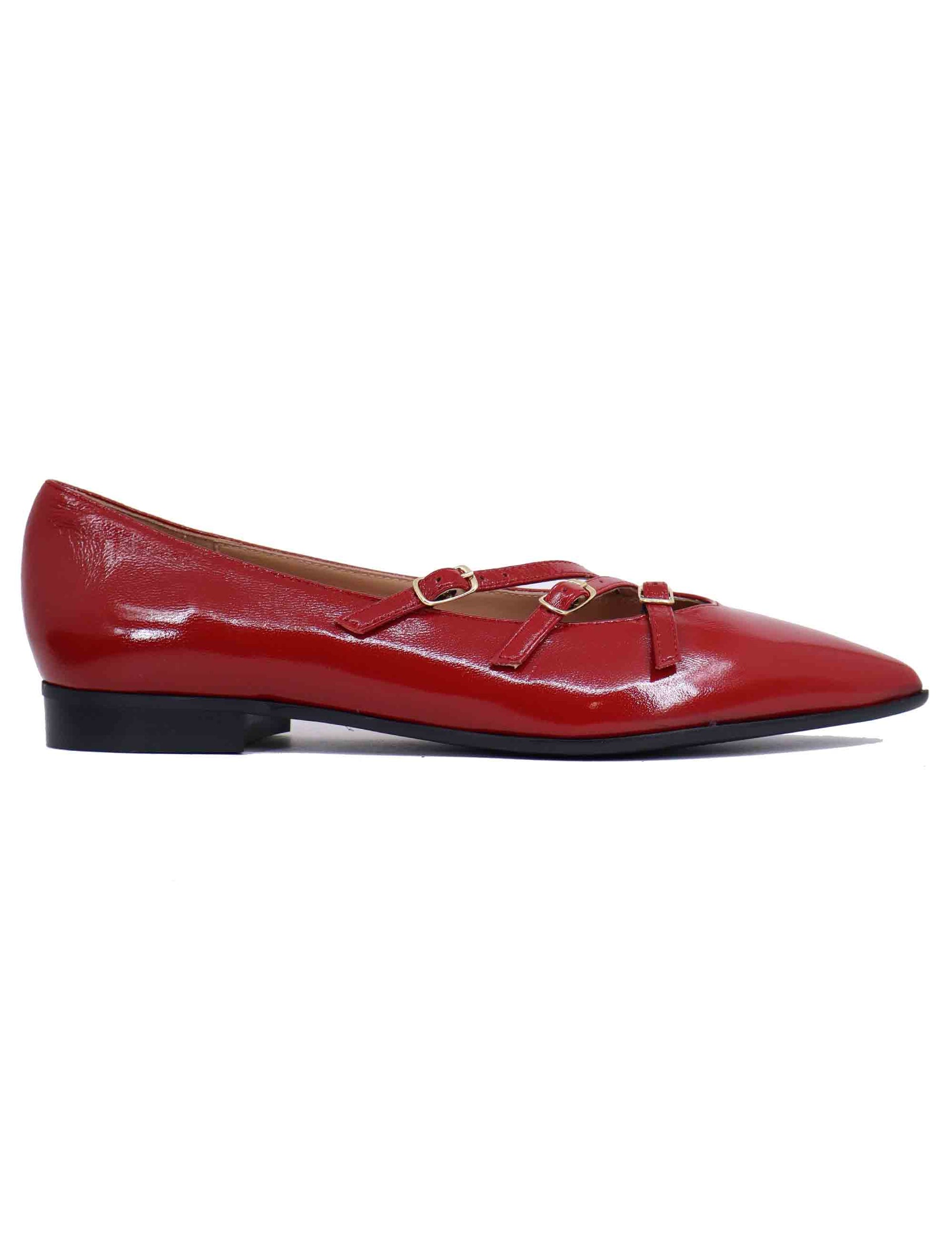 Women's red leather double strap ballerinas