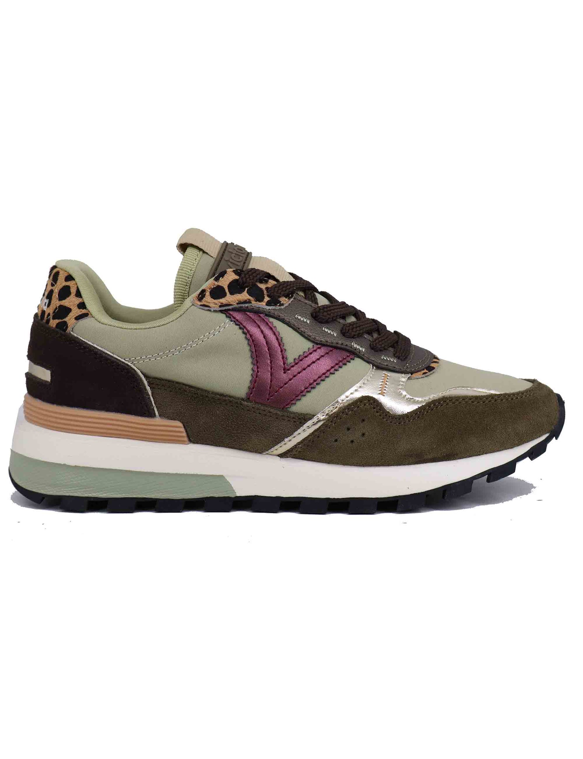 Women's sneakers in green leather and fabric