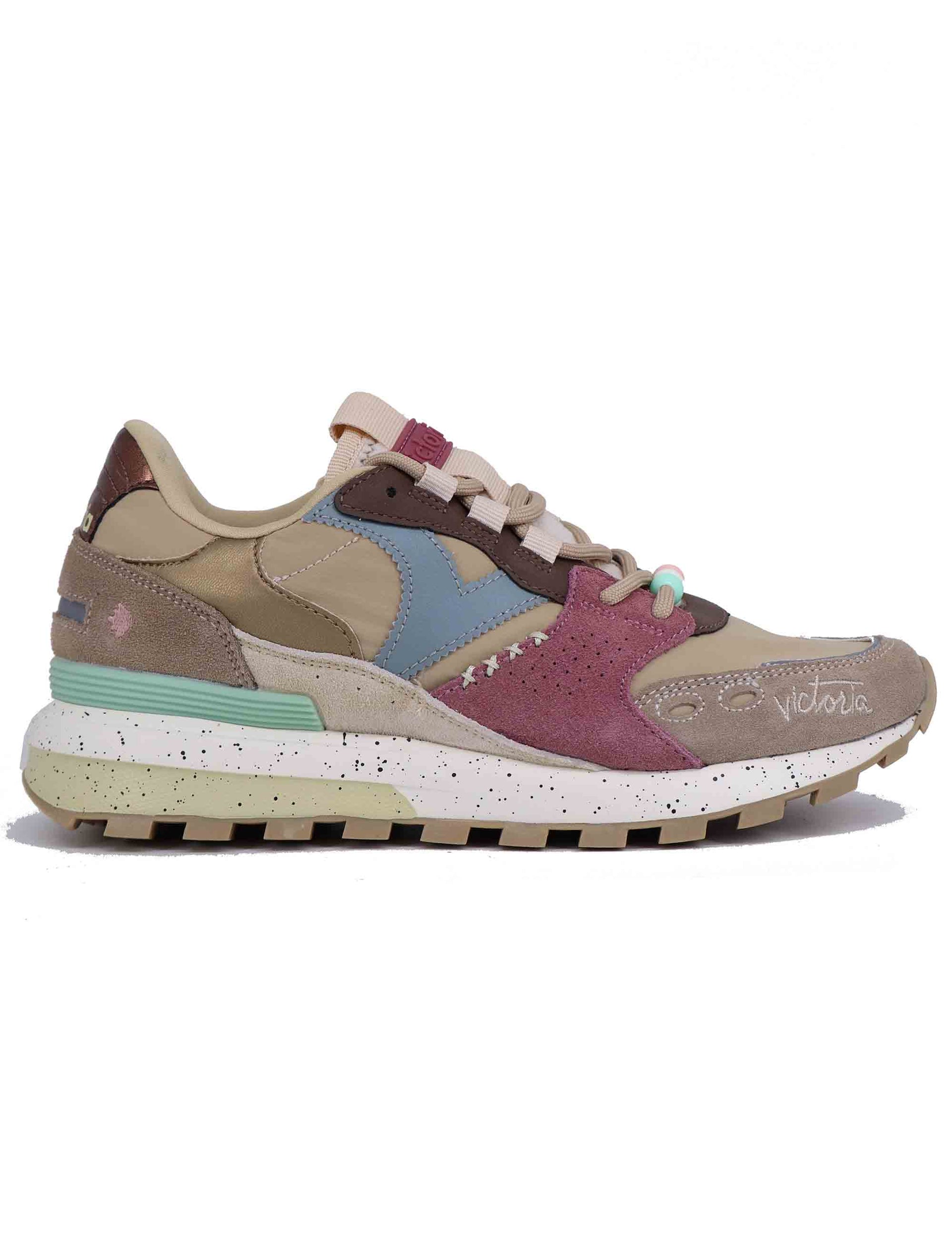 Women's sneakers in beige leather and fabric