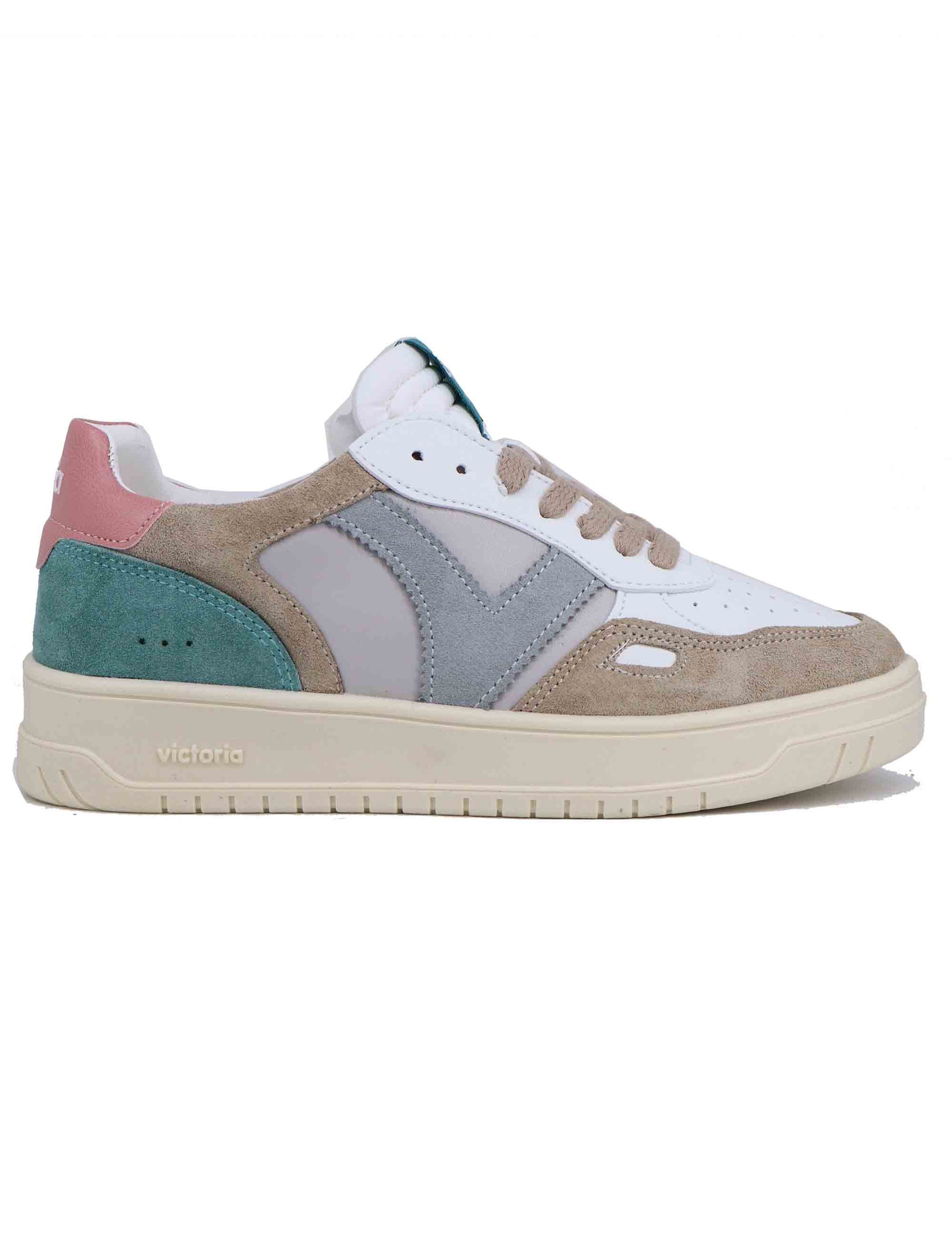 Sneakers donna in pelle bianca e camoscio beige