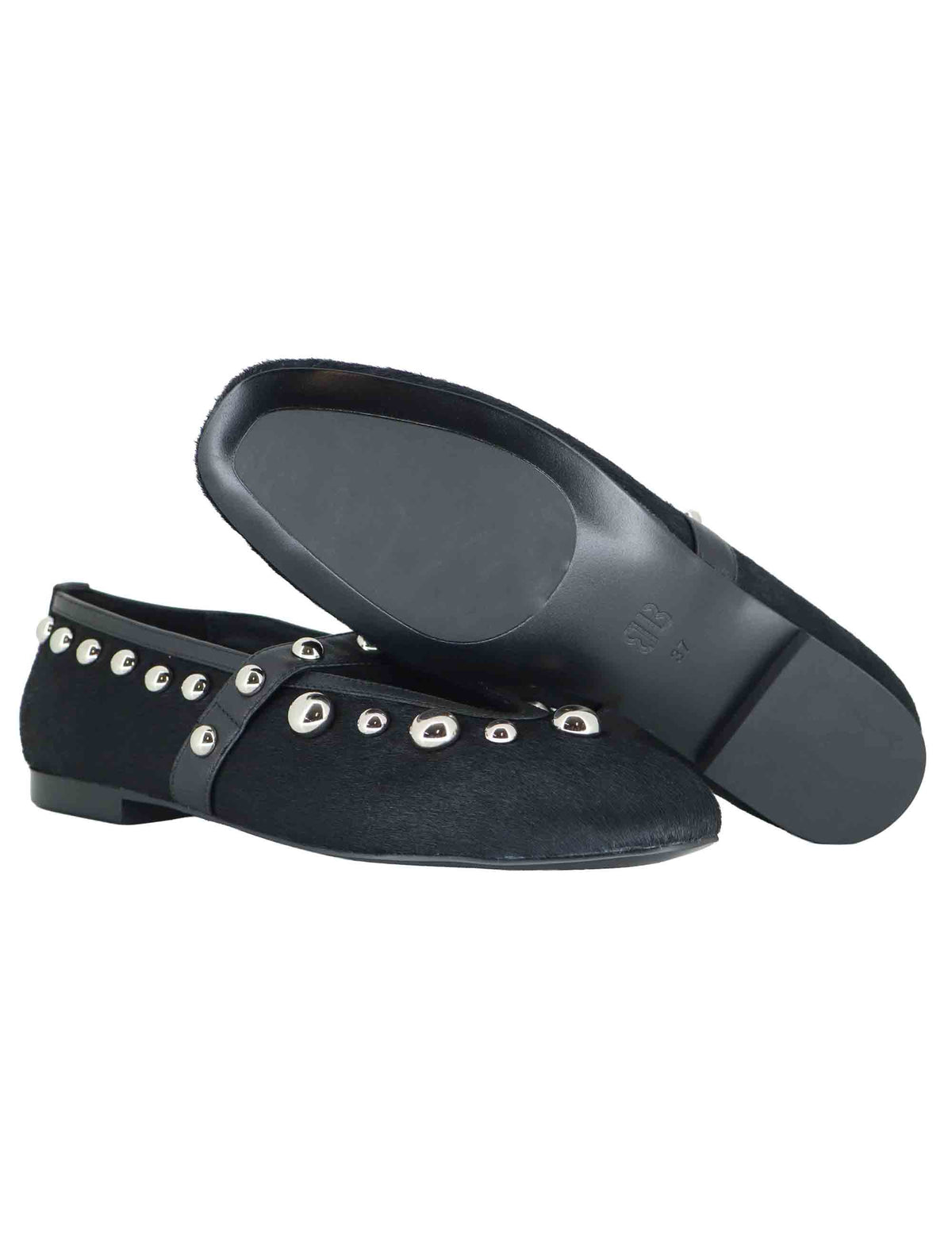 Ballerine donna in pelle nera con borchie e cinturino sul collo piede 717Z90VK 03 Bibi Lou 