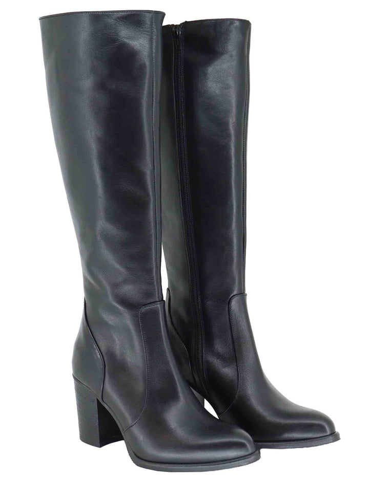 Stivali donna in pelle nera con tacco cuoio alto e zip interna 9780TR 001 Les Venues 