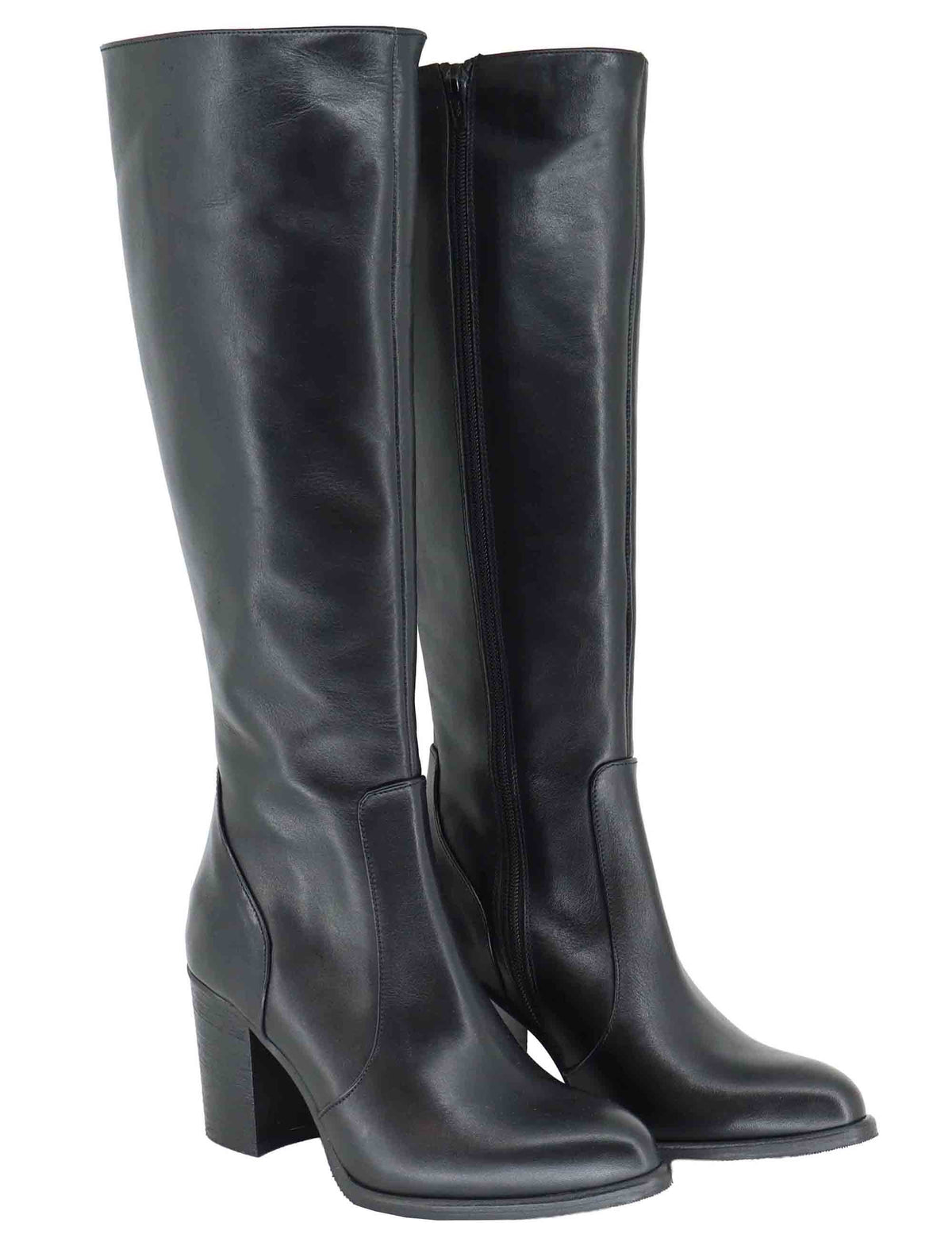 Stivali donna in pelle nera con tacco cuoio alto e zip interna 9780TR 001 Les Venues 