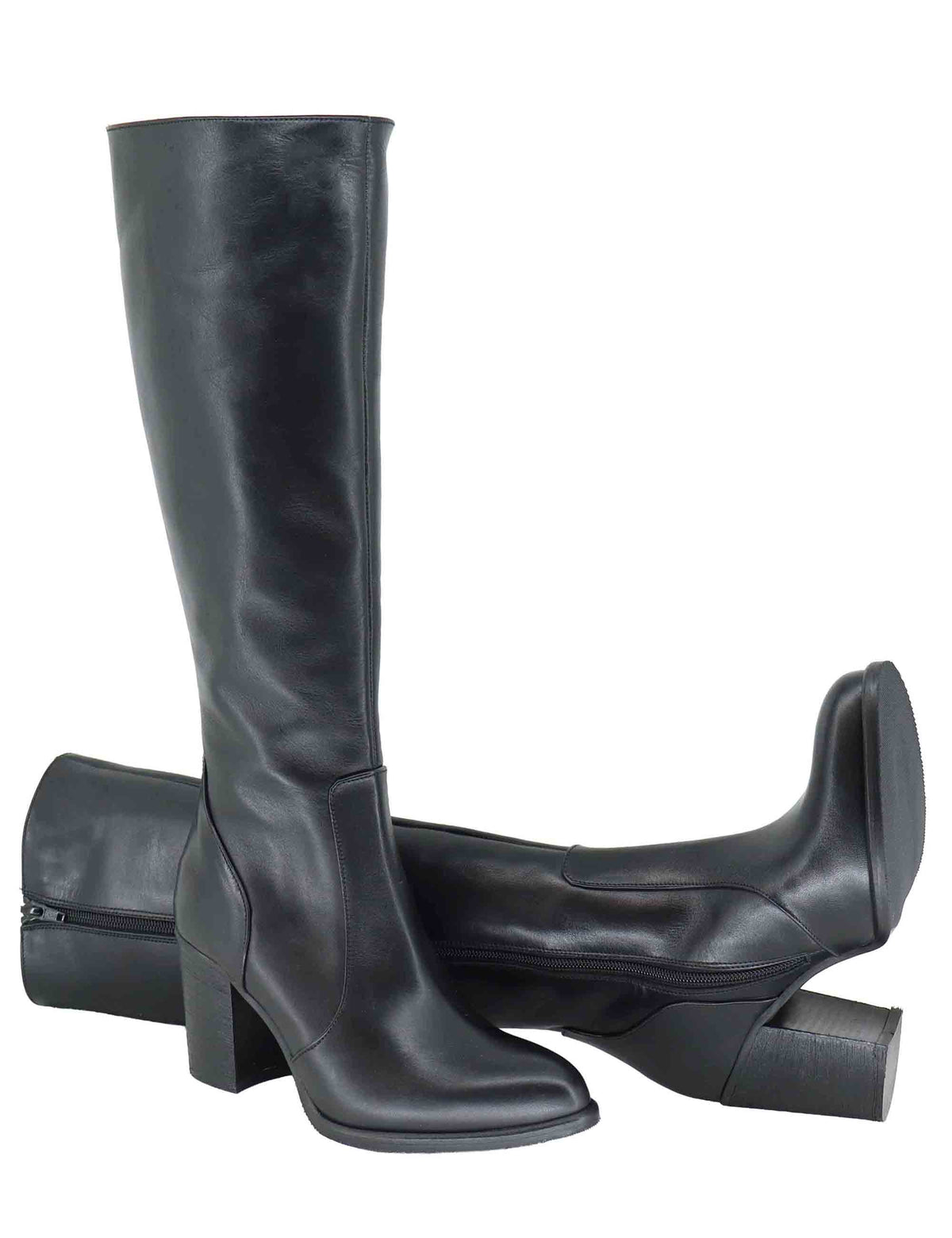 Stivali donna in pelle nera con tacco cuoio alto e zip interna 9780TR 001 Les Venues 