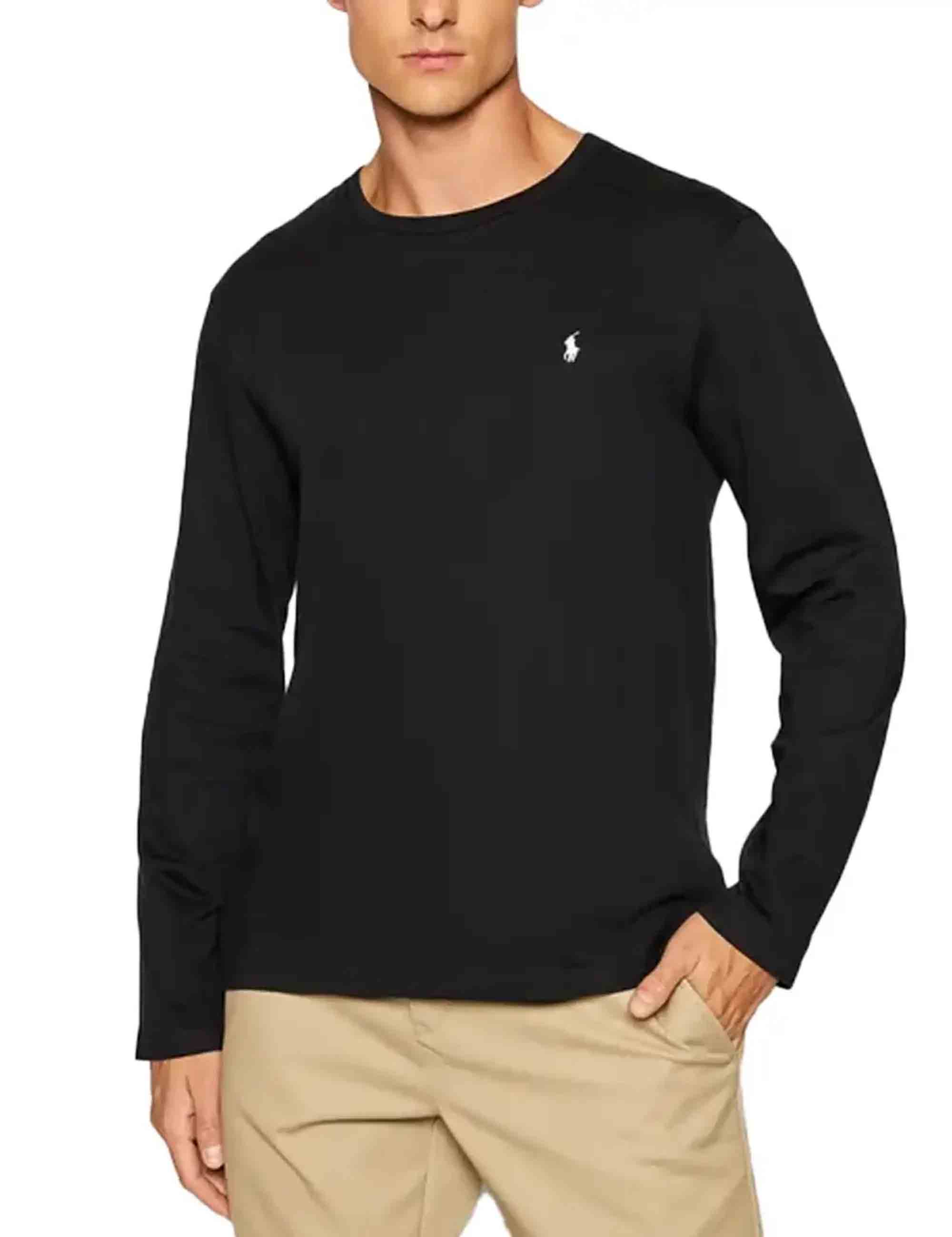 T-shirt uomo Crew in cotone nero con logo ricamato e maniche lunghe 714844759001 POLO BLACK Polo Ralph Lauren 