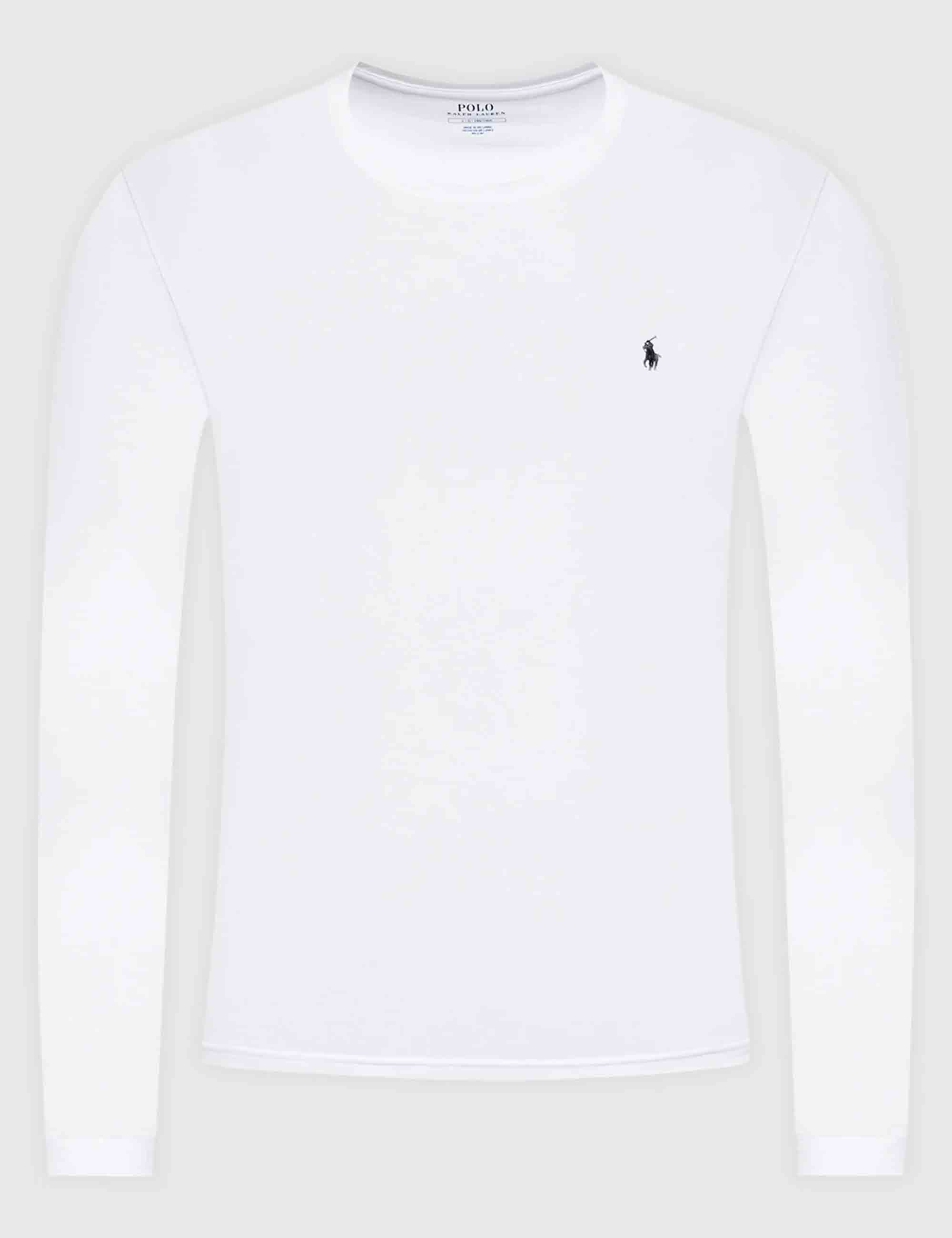 T-shirt uomo Crew in cotone bianco con logo ricamato e maniche lunghe 714844759004 WHITE Polo Ralph Lauren 