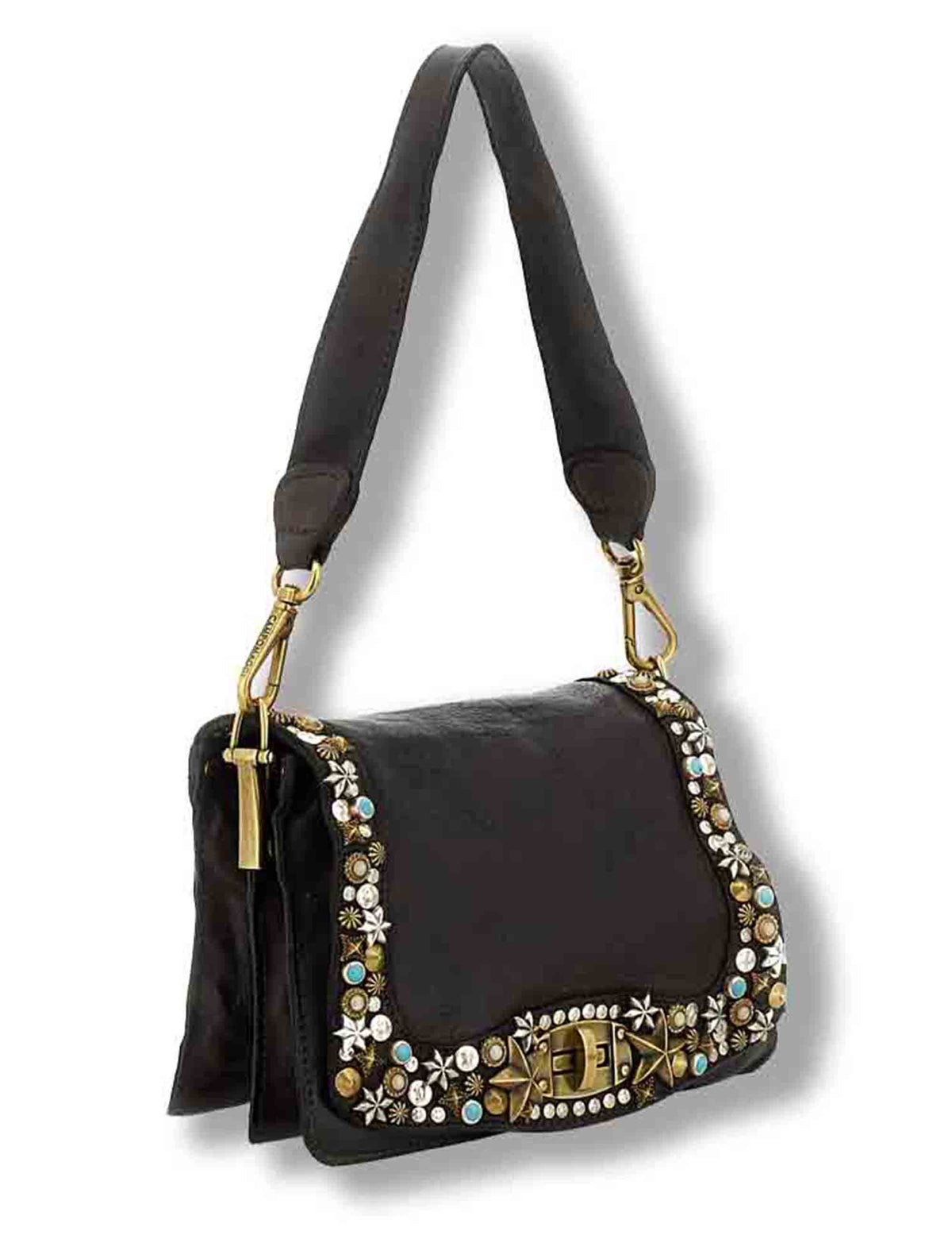 Borsa a tracolla donna Perla moro con borchie C038610ND X3159 C1501 Campomaggi 