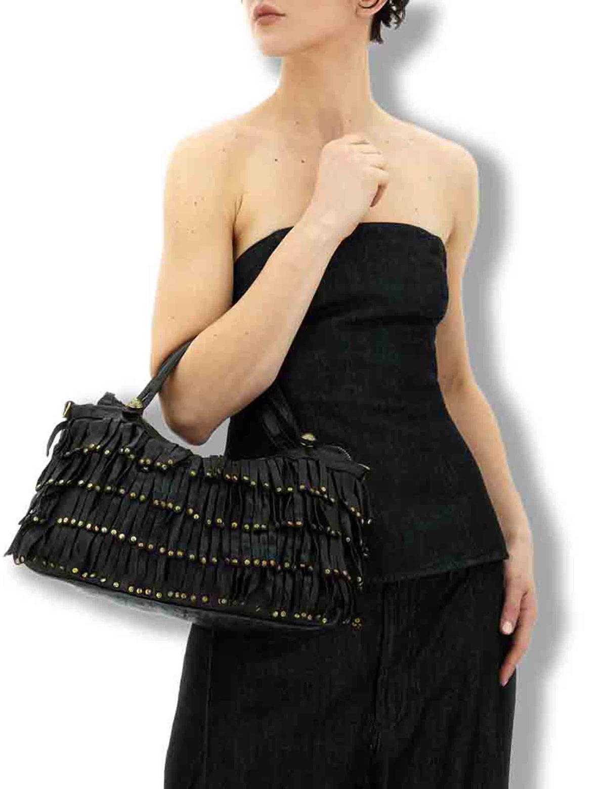 Borsa shopping donna Melissa nera con frangetta e borchie C042510ND X3142 C0001 Campomaggi 