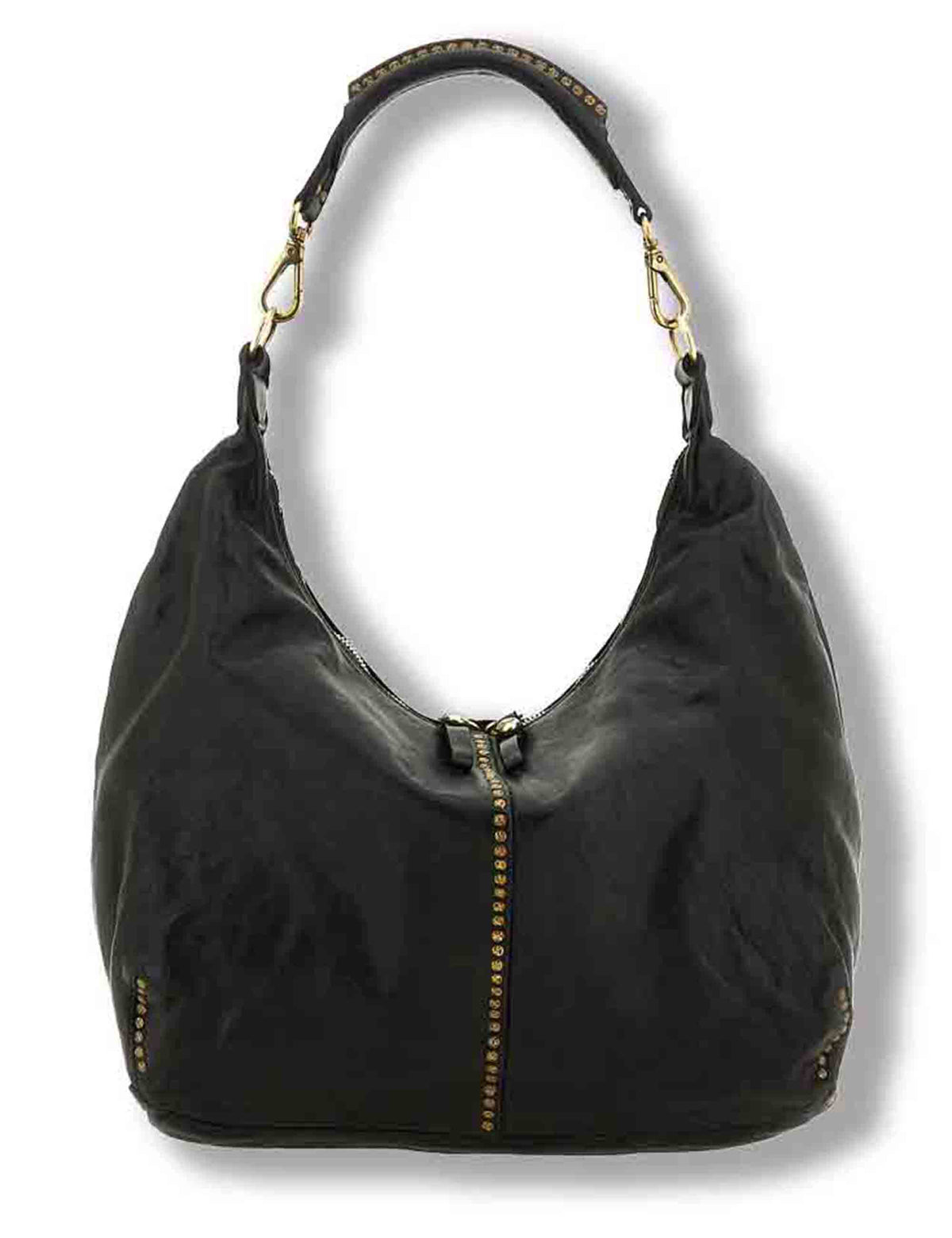Borsa a spalla donna in pelle di vacchetta tinta in capo con borchie nera C045720ND X0007 C0001 Campomaggi 
