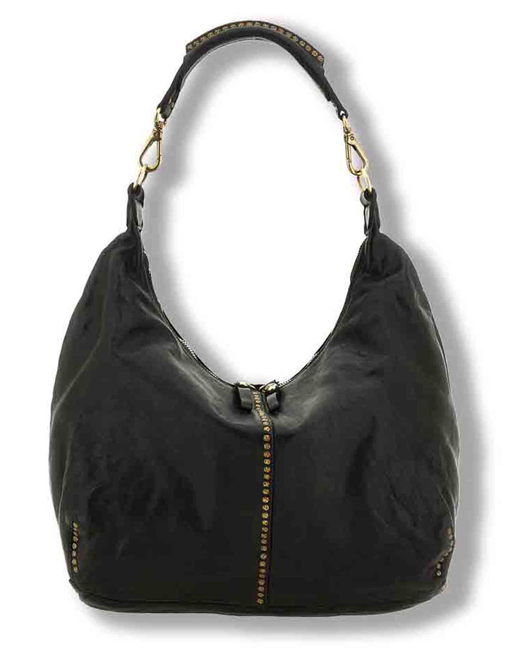 Borsa a spalla donna in pelle di vacchetta tinta in capo con borchie nera C045720ND X0007 C0001 Campomaggi 