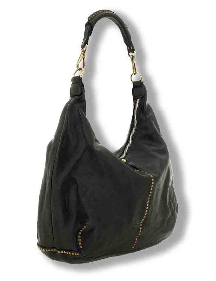 Borsa a spalla donna in pelle di vacchetta tinta in capo con borchie nera C045720ND X0007 C0001 Campomaggi 