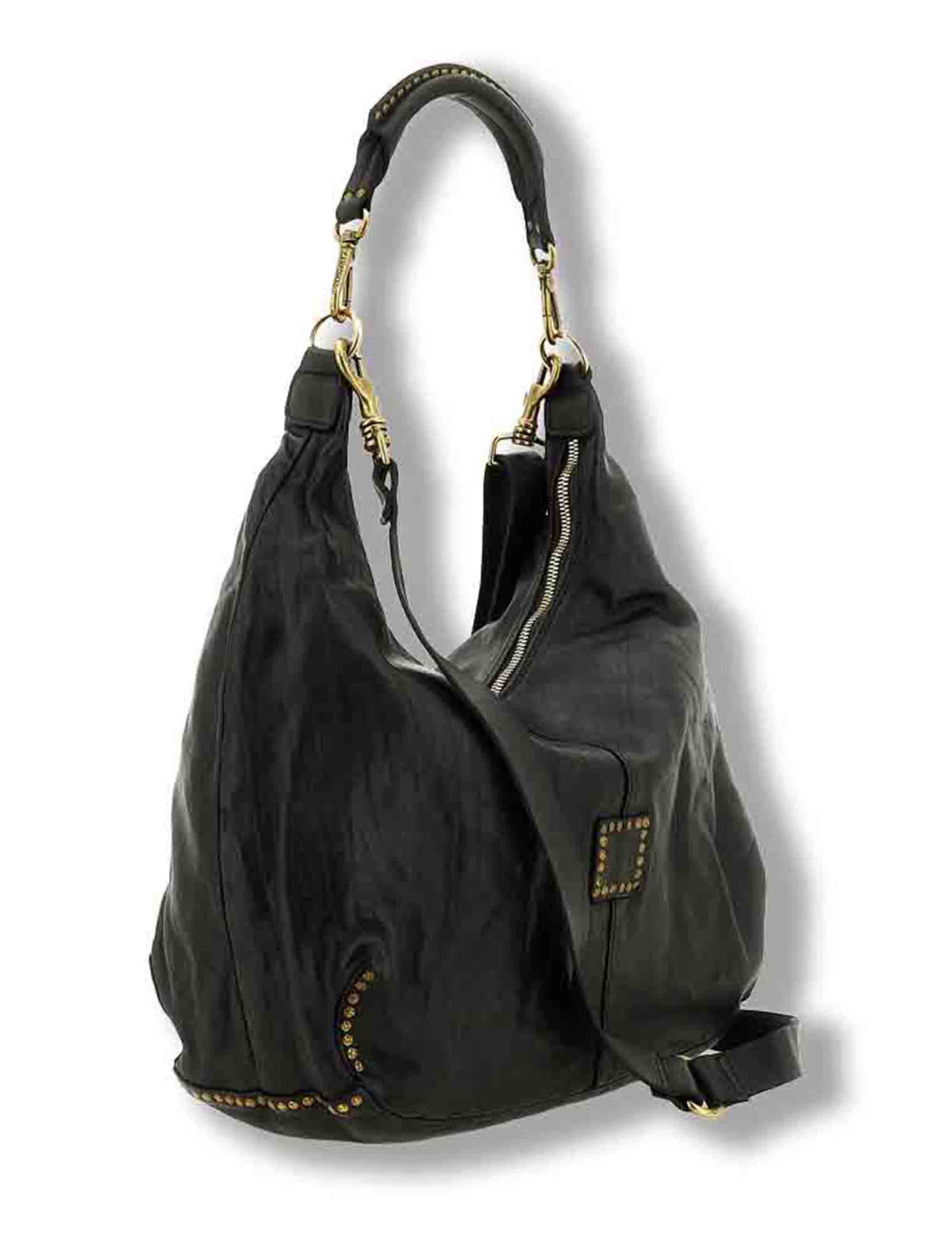 Borsa a spalla donna in pelle di vacchetta tinta in capo con borchie nera C045720ND X0007 C0001 Campomaggi 