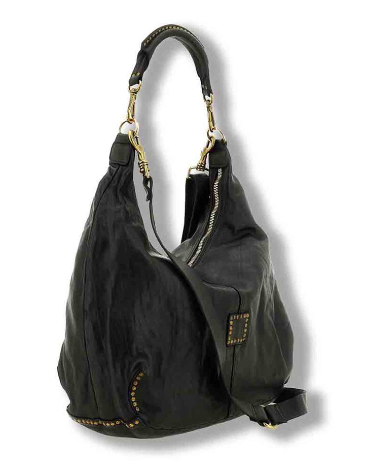 Borsa a spalla donna in pelle di vacchetta tinta in capo con borchie nera C045720ND X0007 C0001 Campomaggi 