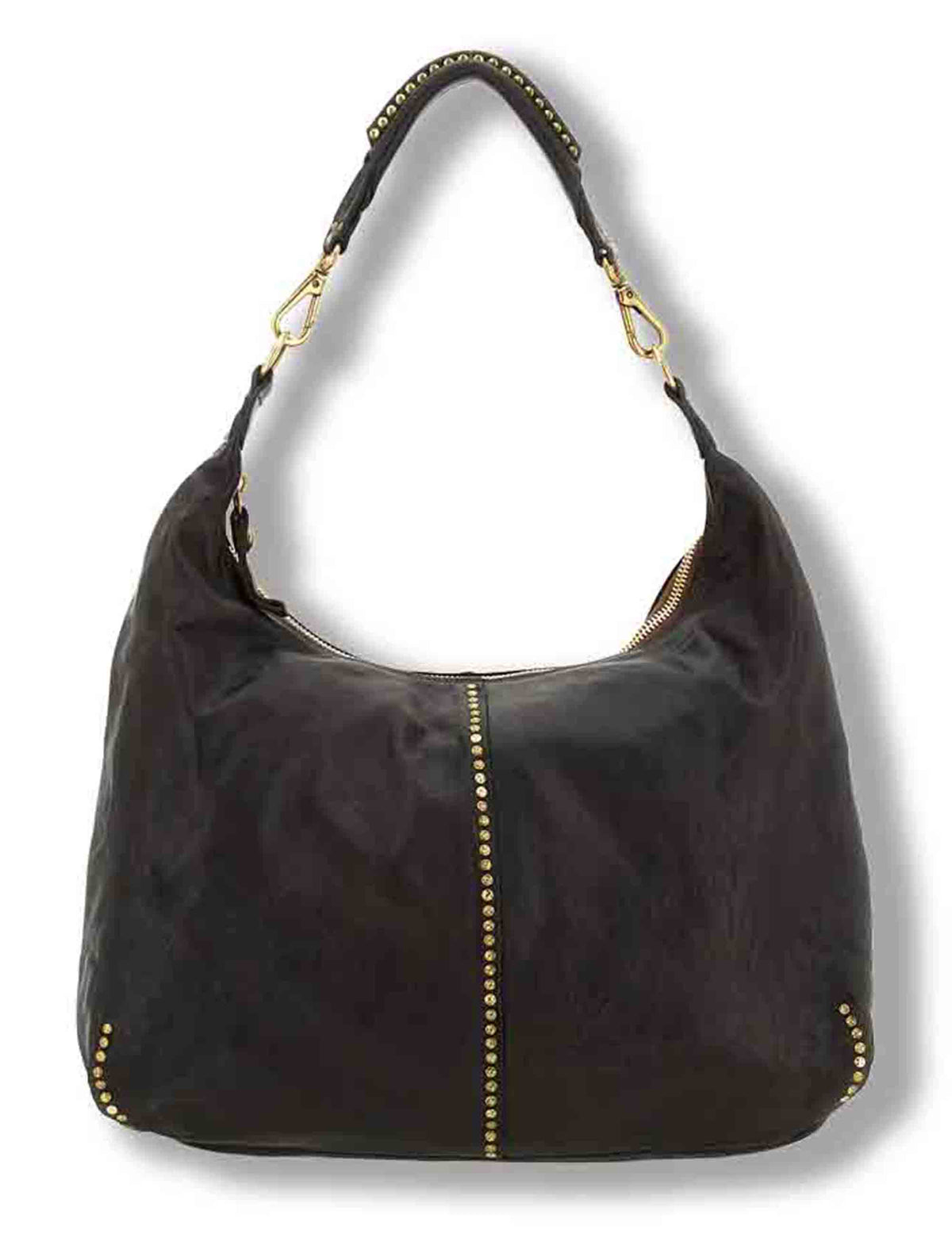 Borsa a spalla donna in pelle di vacchetta tinta in capo con borchie moro C045720ND X0007 C1501 Campomaggi 