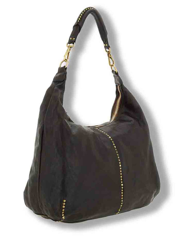 Borsa a spalla donna in pelle di vacchetta tinta in capo con borchie moro C045720ND X0007 C1501 Campomaggi 