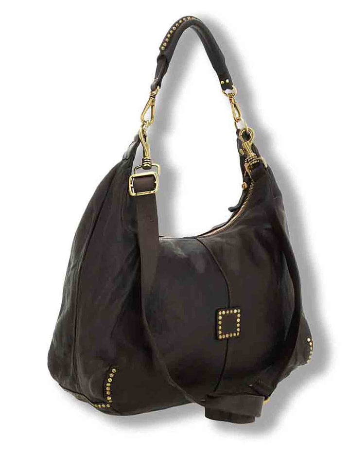 Borsa a spalla donna in pelle di vacchetta tinta in capo con borchie moro C045720ND X0007 C1501 Campomaggi 